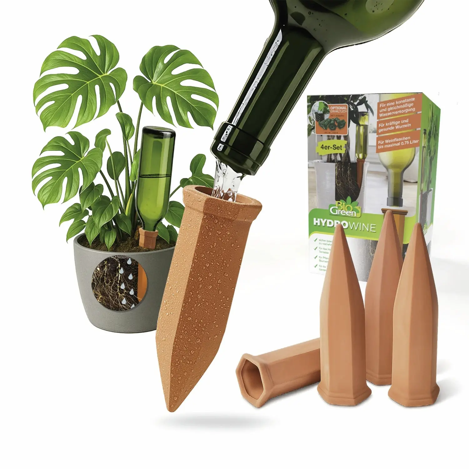 BioGreen Bewässerungskegel Hydro Wine für Wein- und PET-Flaschen 4 Stück