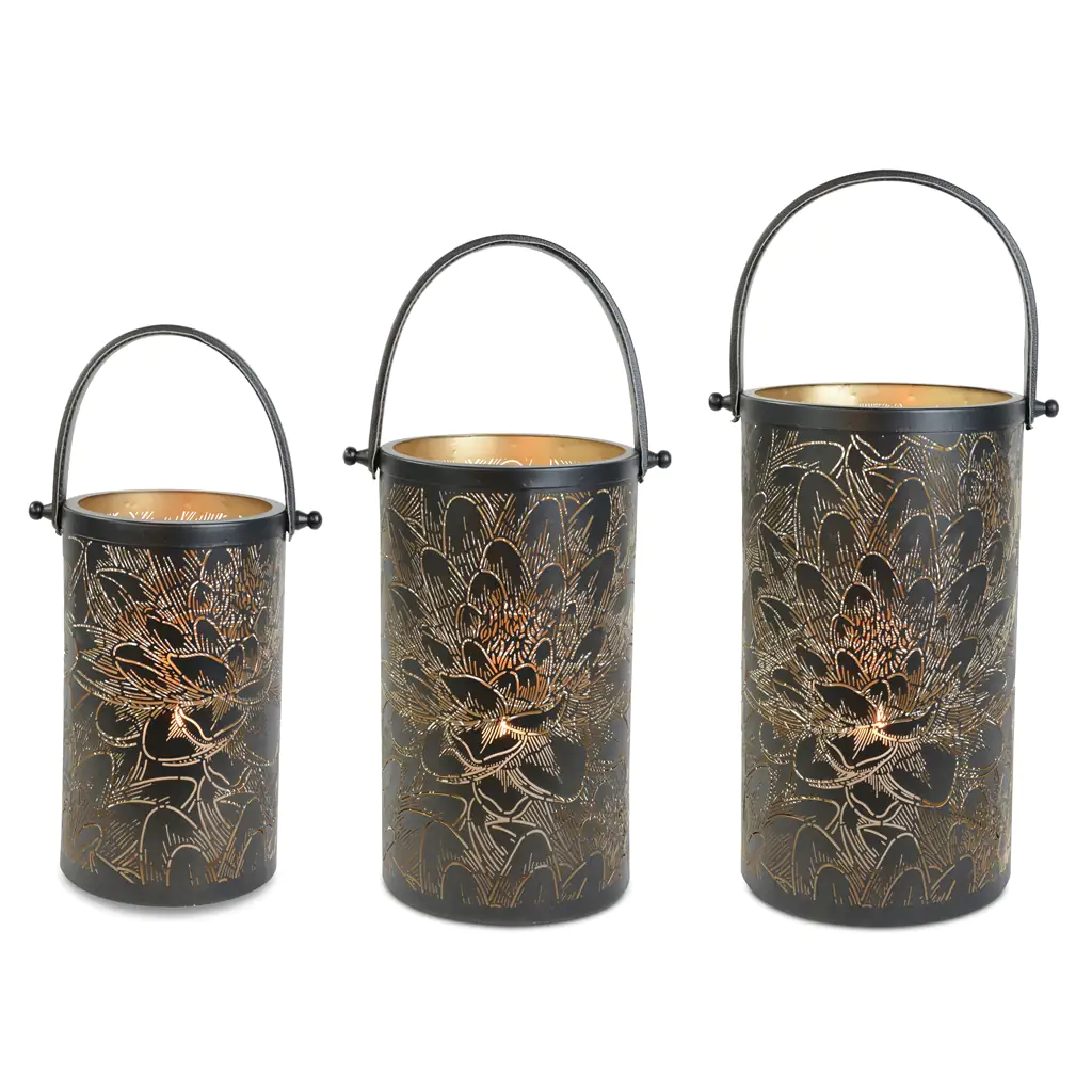 Riffelmacher Metall Laterne 15x26 cm mit Blattlook schwarz/gold