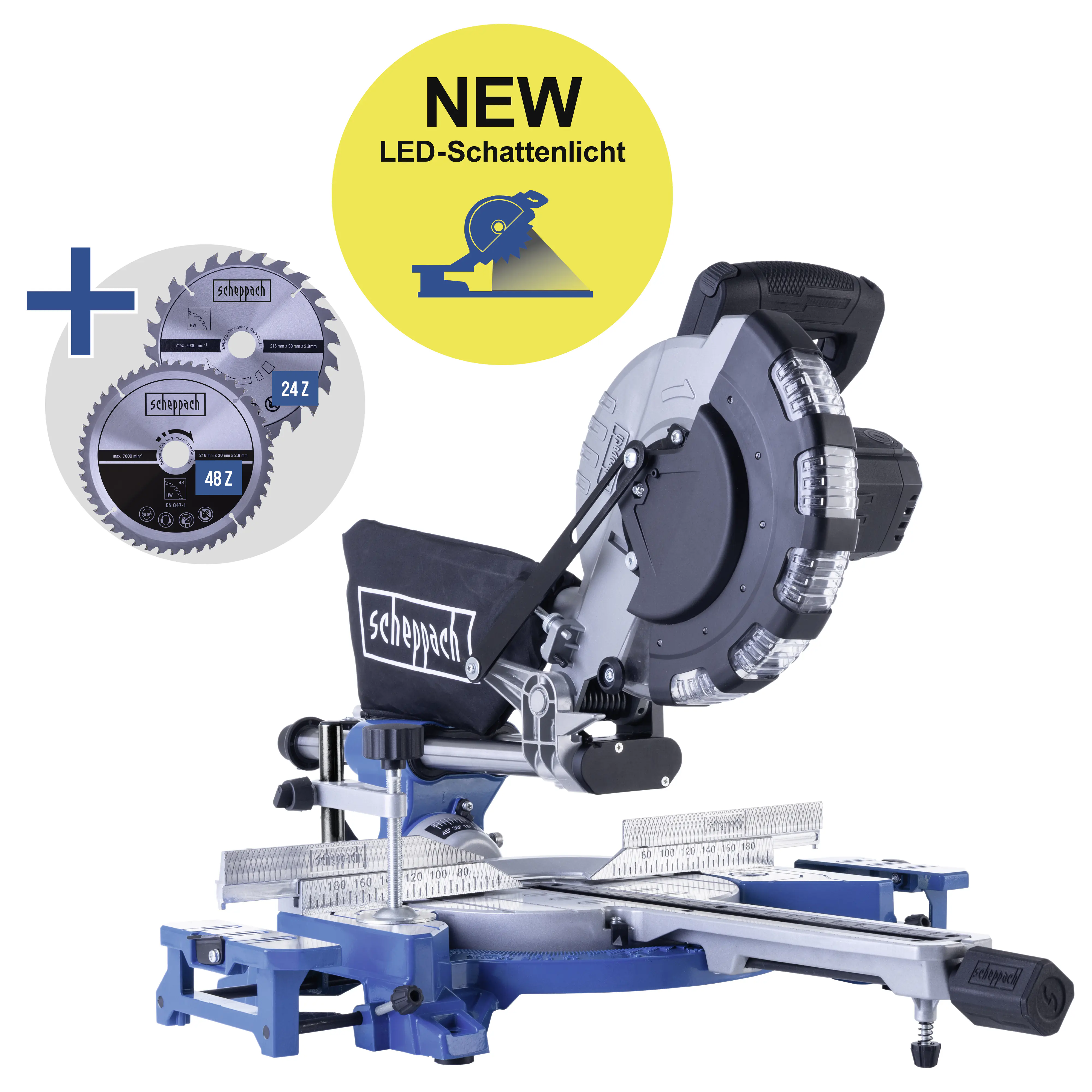 Scheppach Kappzugsäge HM216SPX mit LED-Schattenlicht & 2x Sägeblätter 2000 W