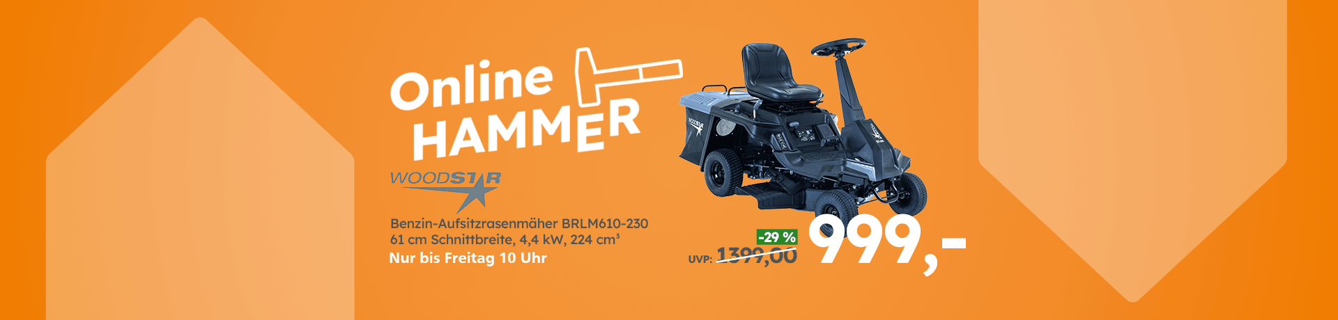 Online Hammer Woodstar Benzin Aufsitzrasenmäher mit 61 cm Schnittbreite und 4,4 kW jetzt für 999 Euro statt 1399 Euro nur bis Freitag 10 Uhr.