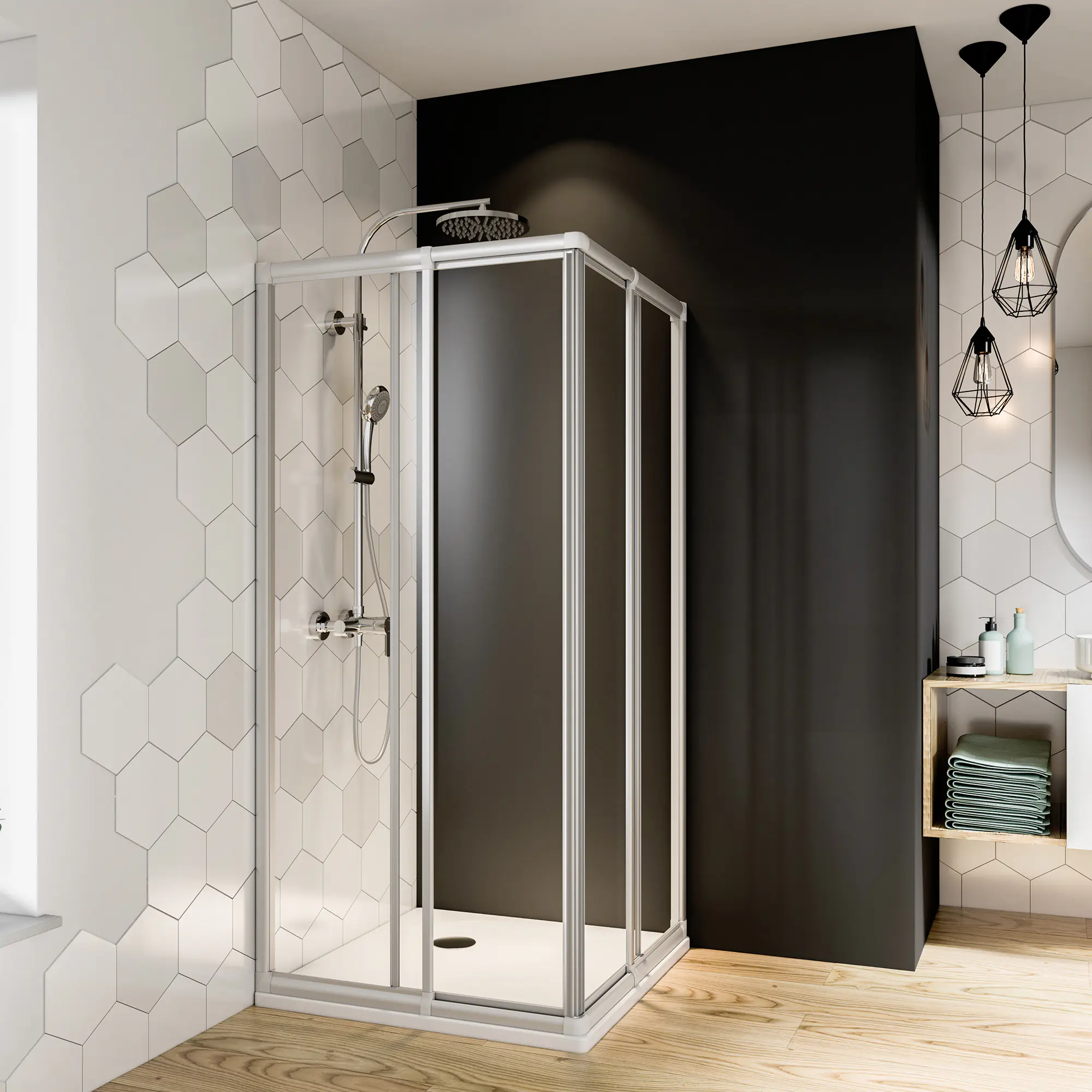 Breuer Fara 4 Eckeinstieg Schiebetür 4-teilig 80-90 cm breit, H: 185 cm, weiß, Klarglas hell