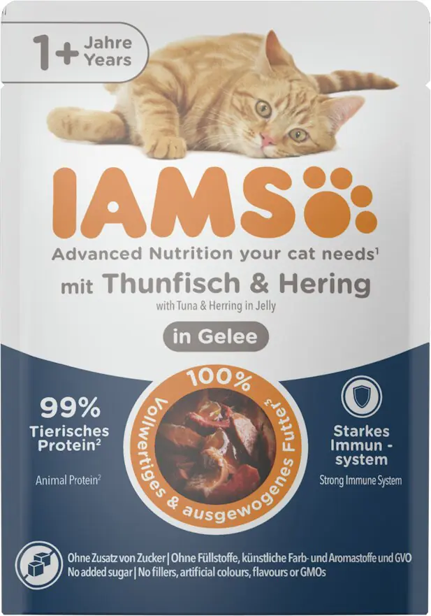 Iams Advanced Nutrition Katzennassfutter Adult 85 g Thunfisch & Hering in Gelee