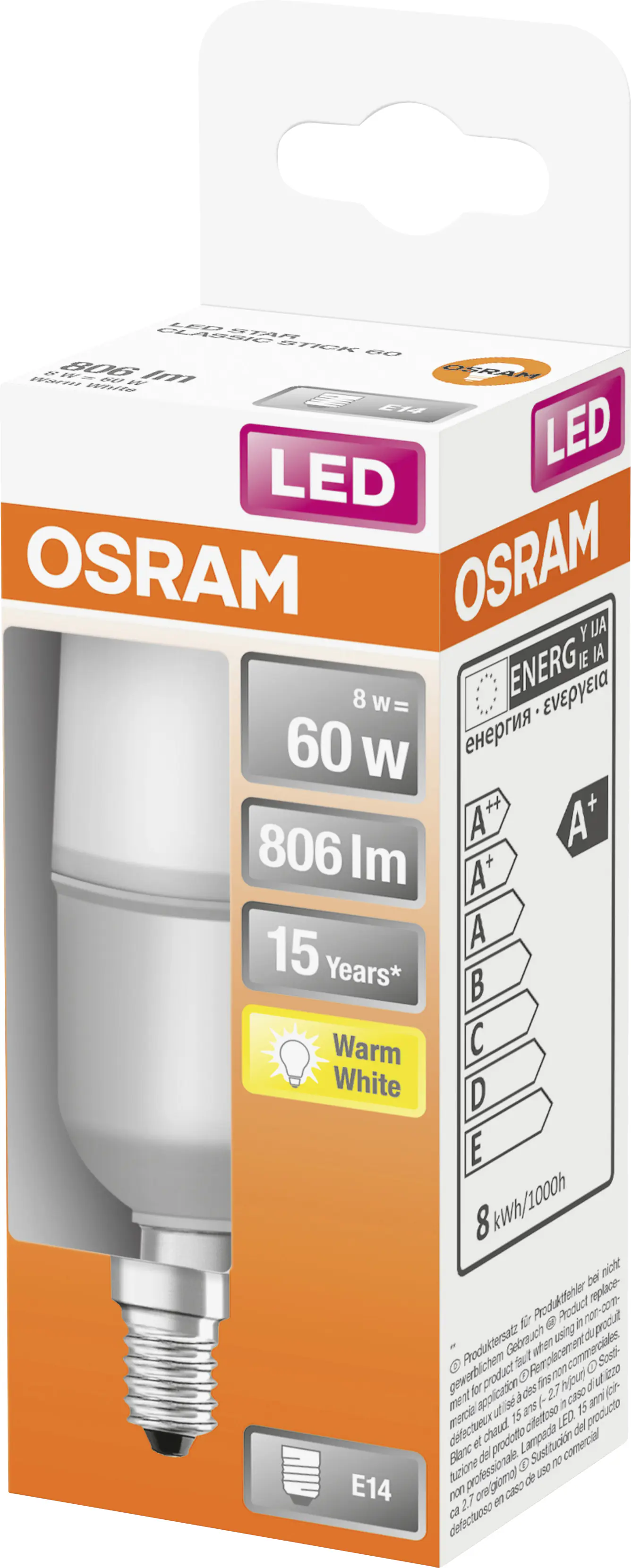 Osram LED Leuchtmittel Stick 60 E14 8W warmweiß, weiß matt