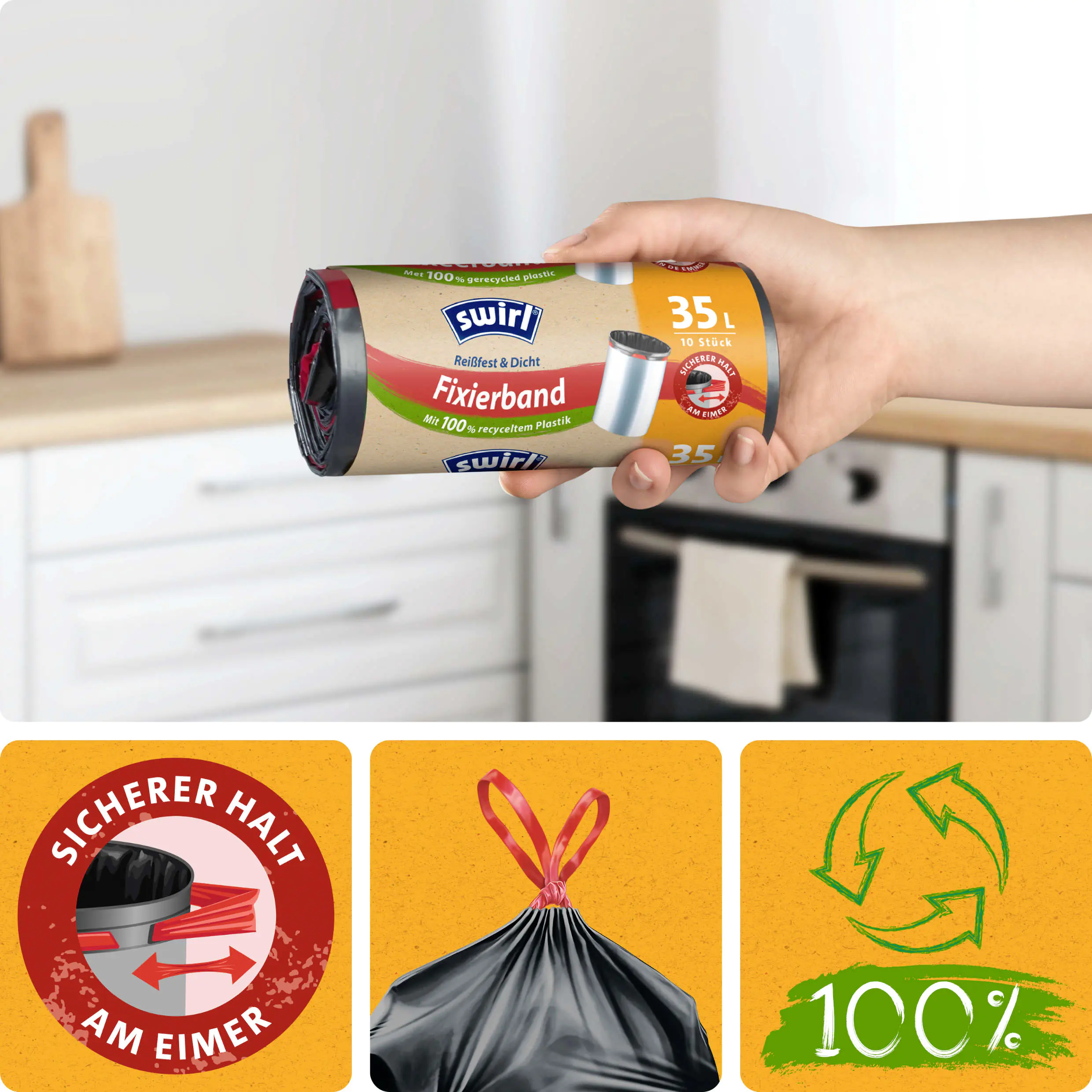 Swirl® Fixierband-Müllbeutel 35 L Reißfest & Dicht