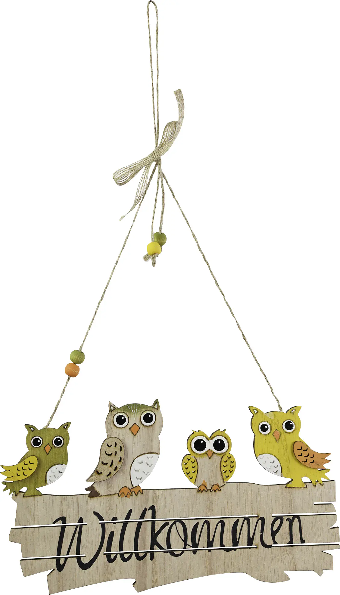 Türschild Willkommensspruch mit Eulen Holz 23 x 13 cm natur gelb