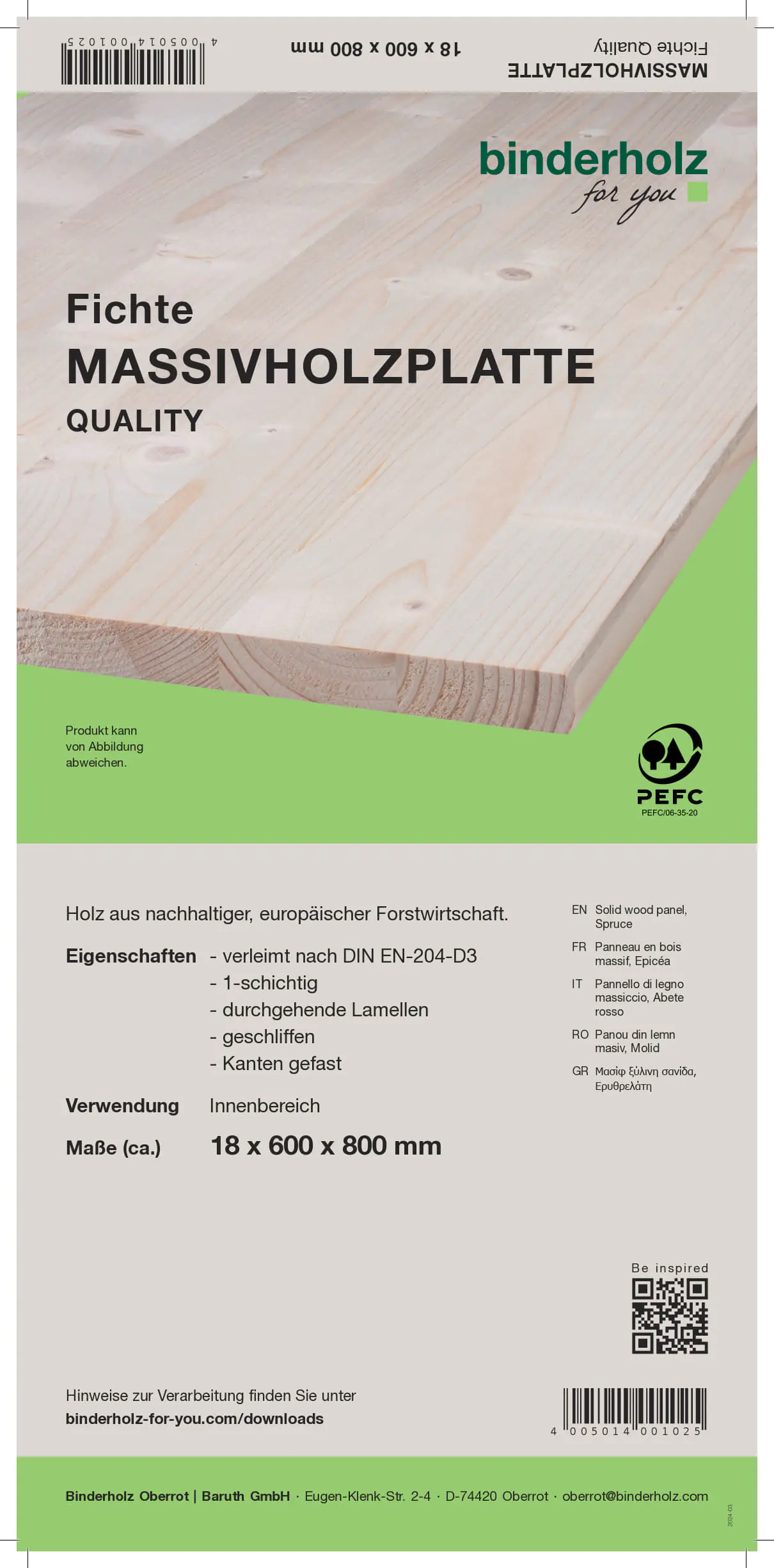 Massivholzplatte Fichte Oberfläche geschliffen 80 x 60 cm 18 mm