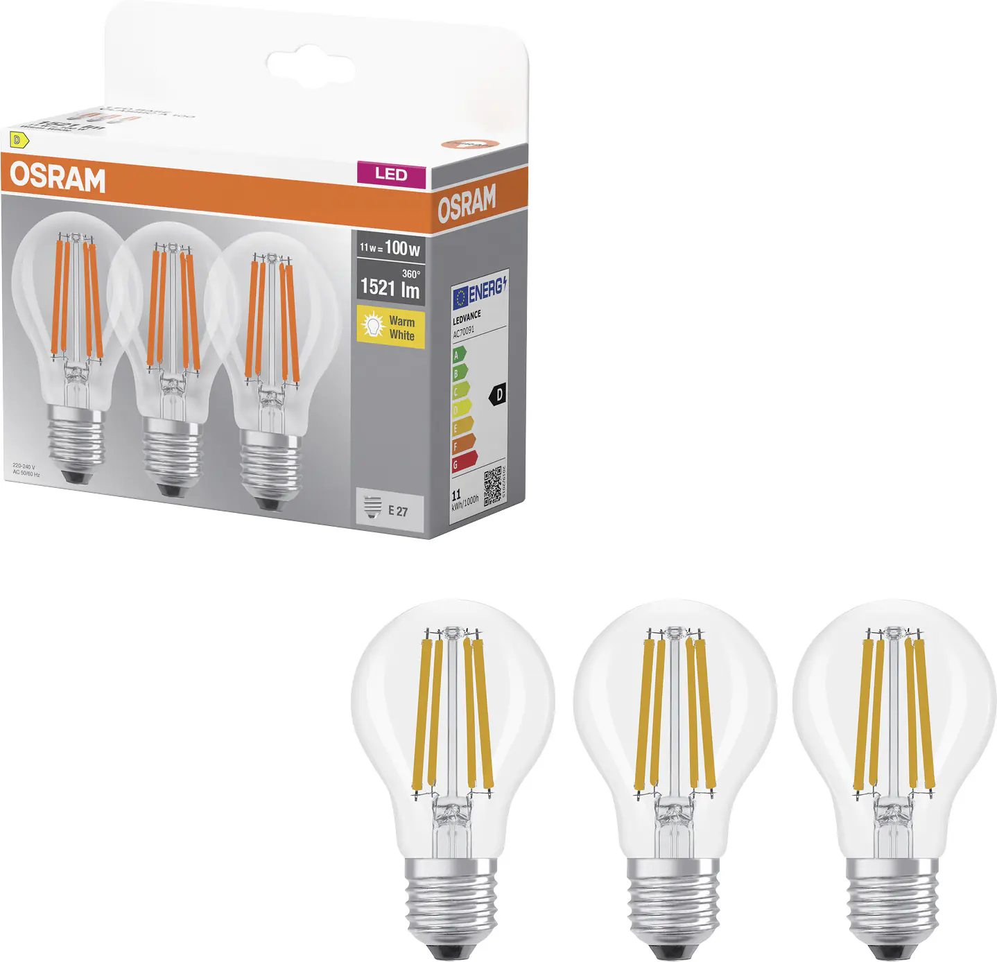 Osram LED Leuchtmittel E27 3er Pack Base Classic 11W klar warmweiß Osram LED Leuchtmittel E27 3er Pack Base Classic 11W klar warmweiß