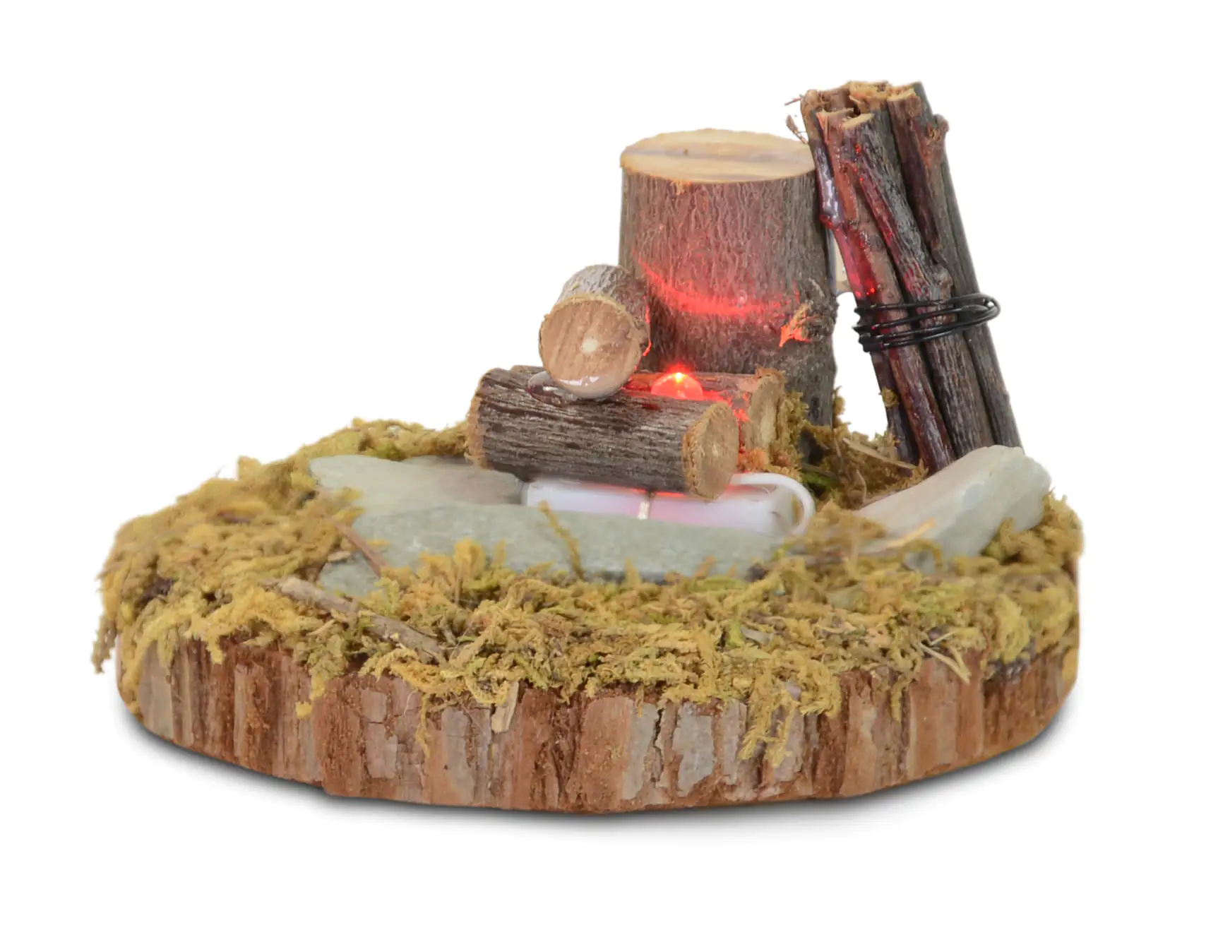 Riffelmacher Krippenzubehör Holz-Lagerfeuer an Baumstamm LED 7,5 cm