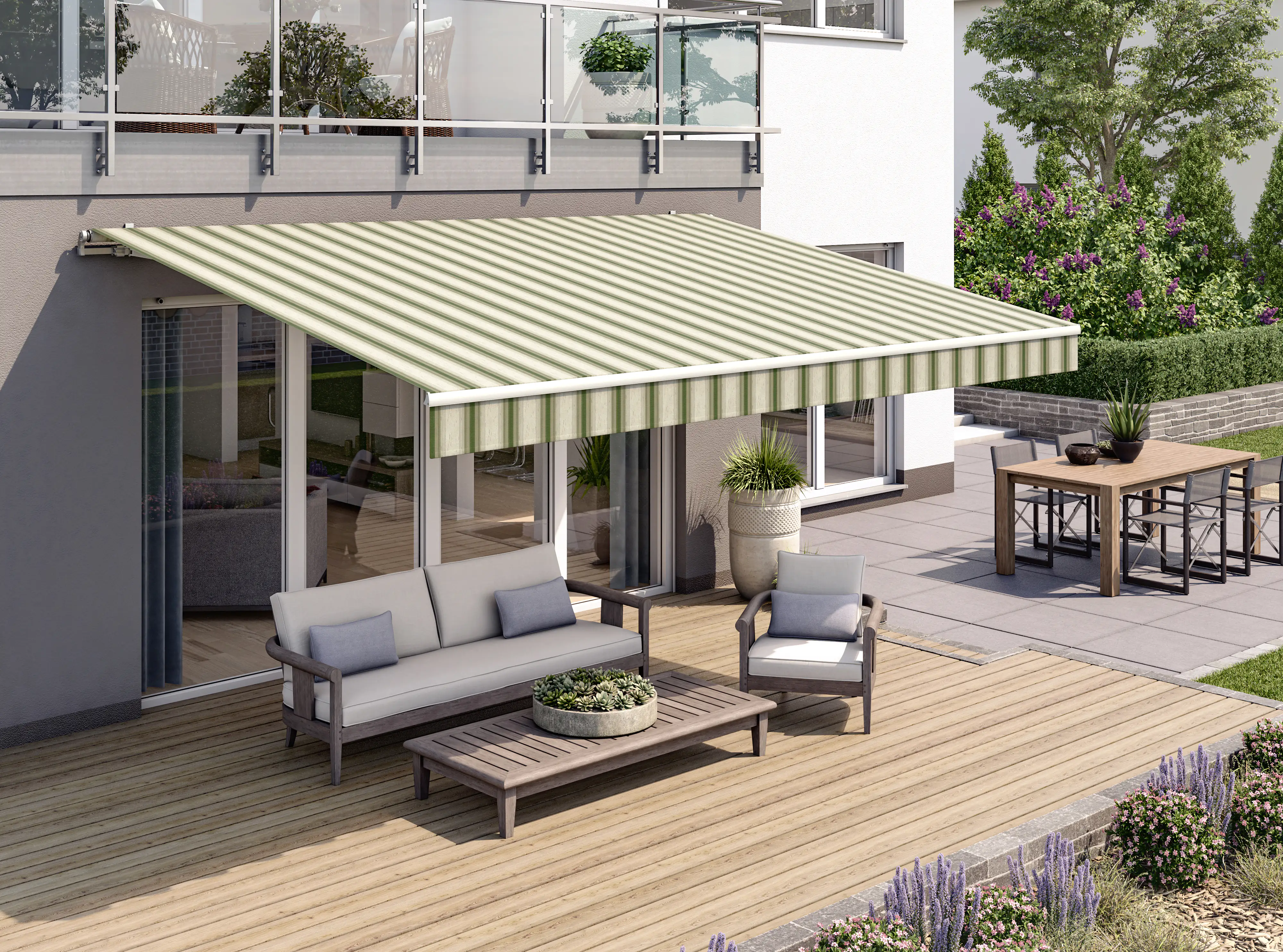 Gelenkarmmarkise Classic grün-beige gestreift inkl. Motor, Handsender, Solar Panel