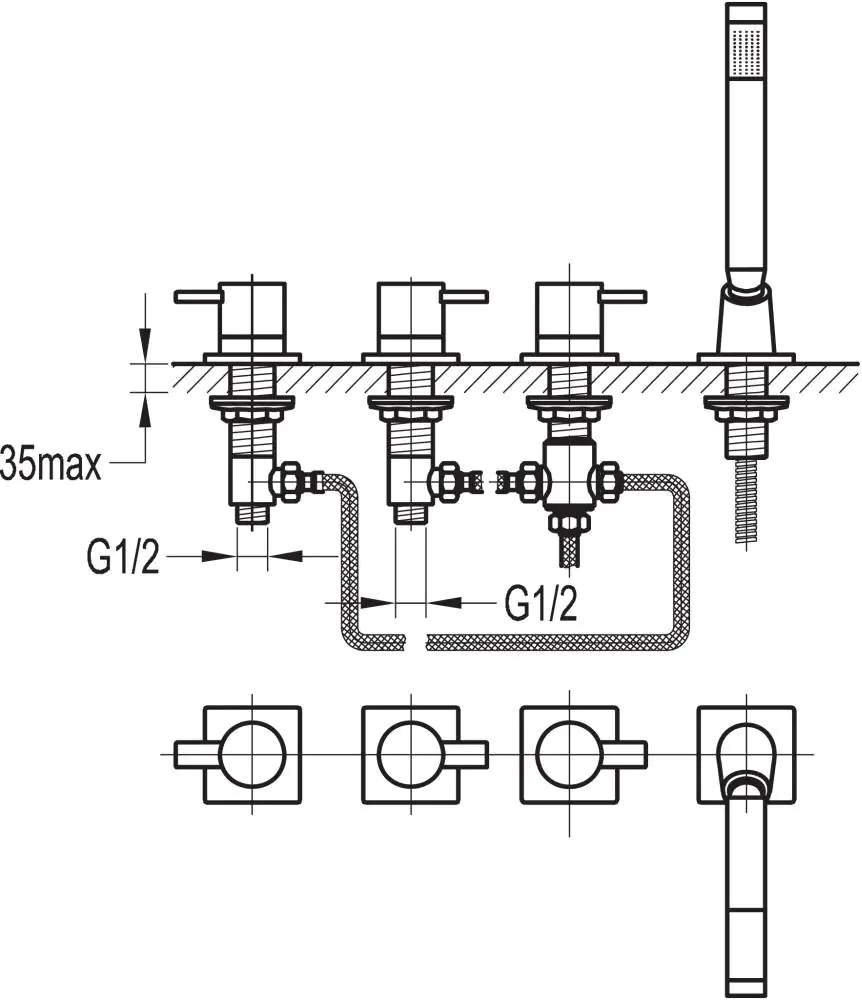 Ottofond Wannenrandarmatur 4-Loch eckig, mit Umsteller für Wassereinlaufgarnitur