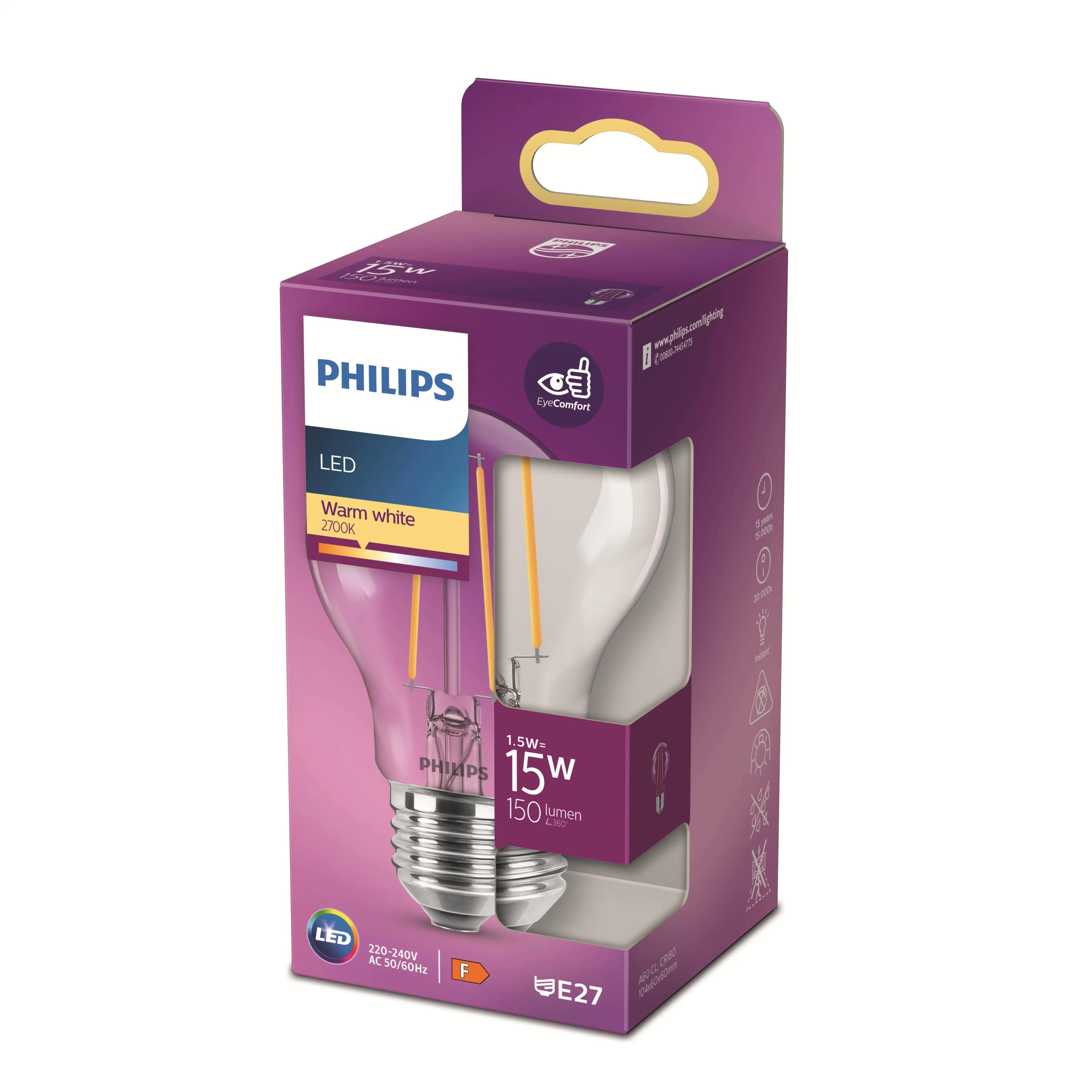 Philips LED-Leuchtmittel Birnenform A60 E27 1,5W warmweiß
