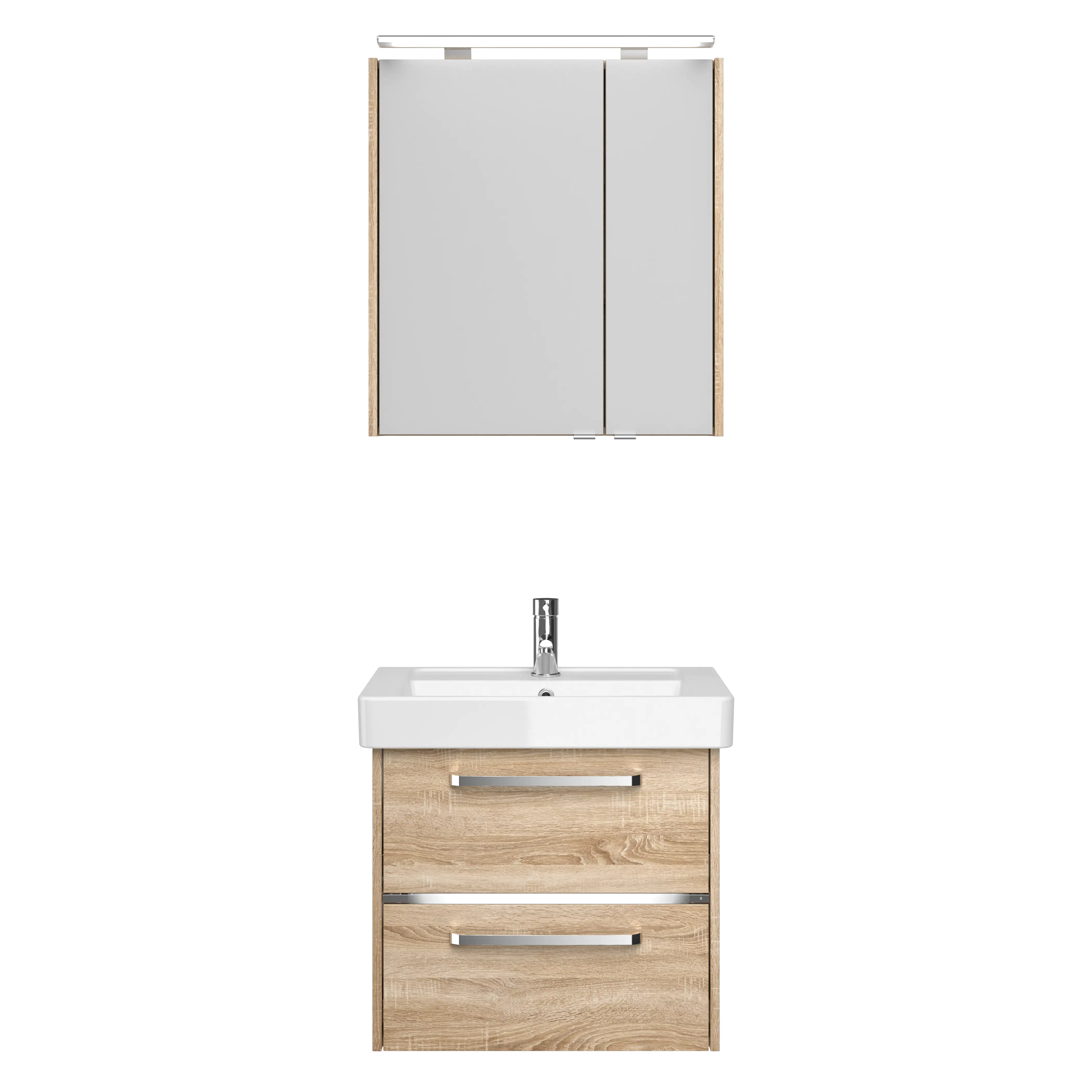 Primaster Badmöbelset Berlin eiche 65 cm LED-Leuchten, Keramikwaschtisch
