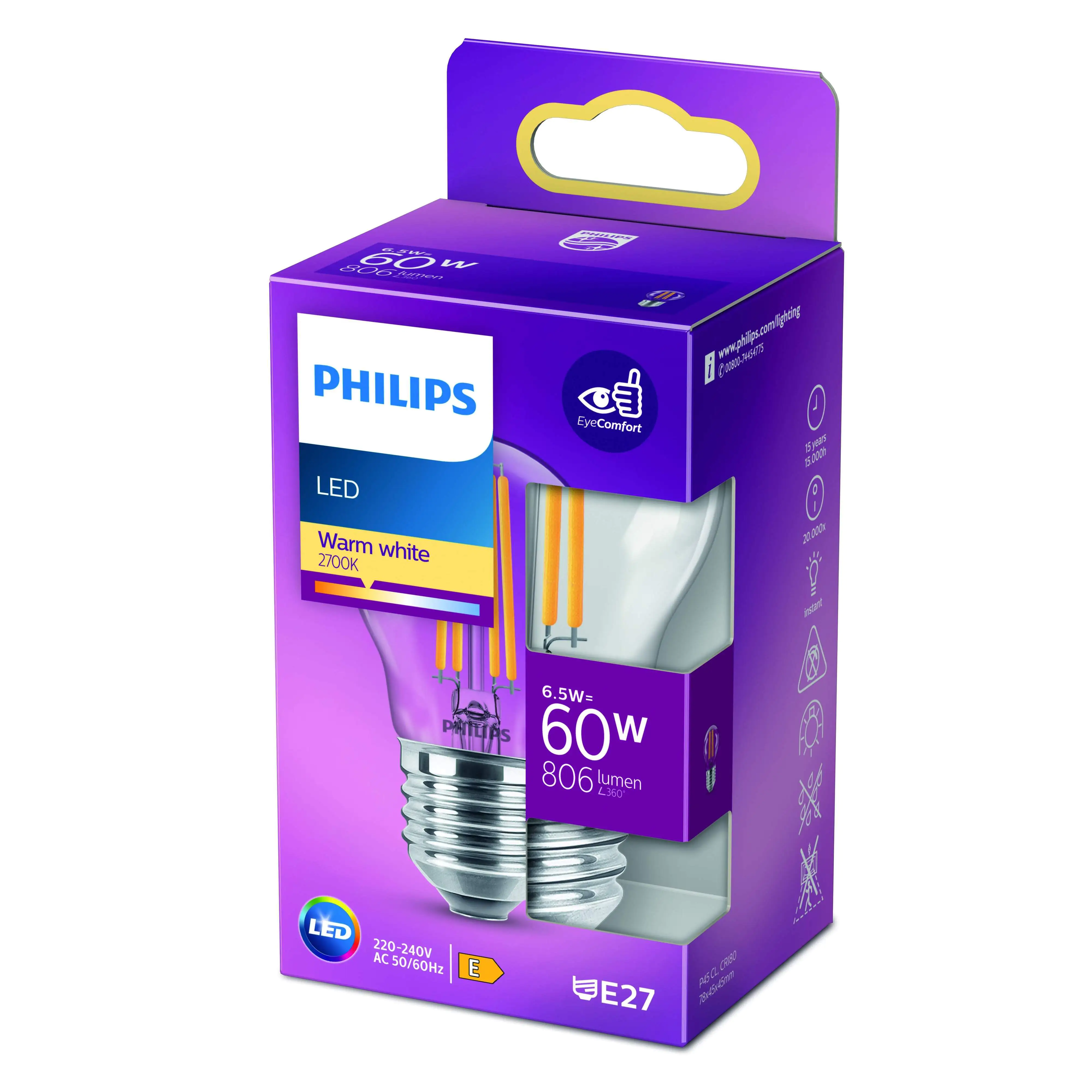 Philips LED-Leuchtmittel Filament Tropfenform P45 E27 6,5W warmweiß