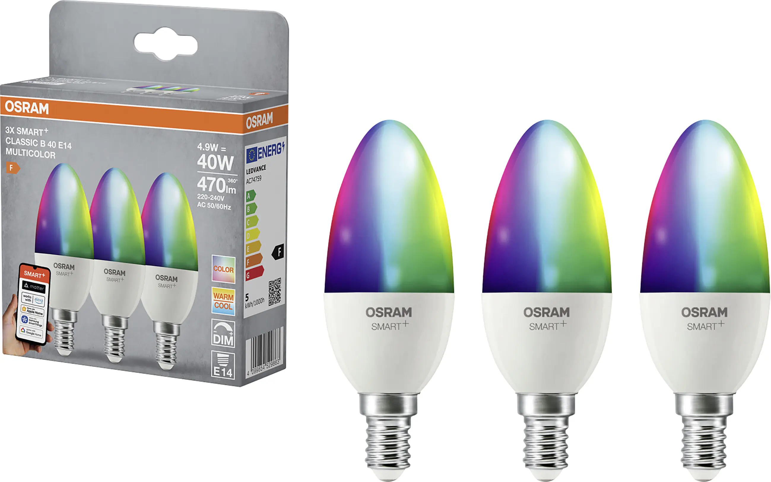 Osram SMART+ Matter Leuchtmittel E14 3er Pack Classic 4.9W matt RGBW 