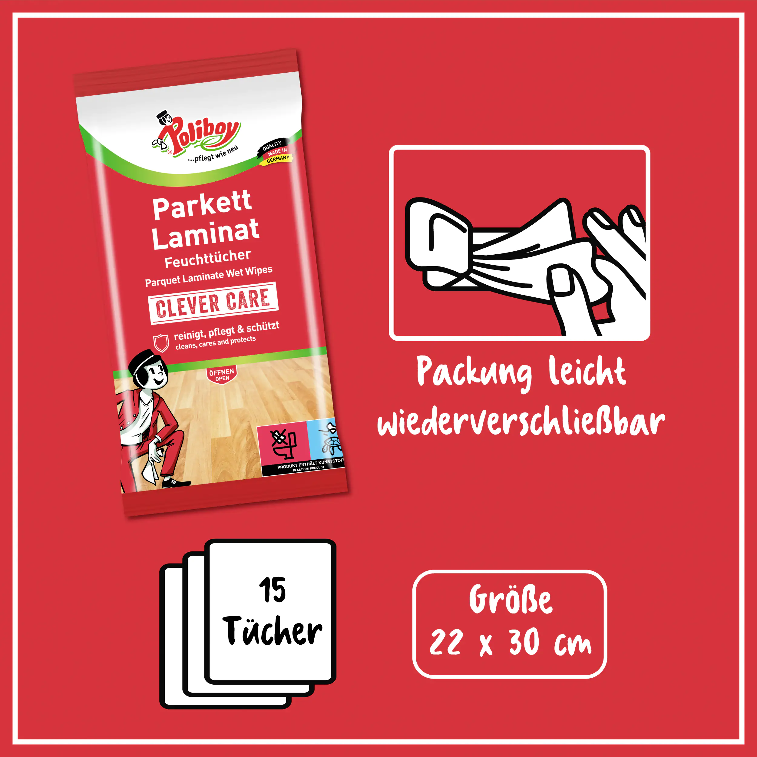4016100621515_3113330 Poliboy Feuchttücher für Parkett 15 Stück