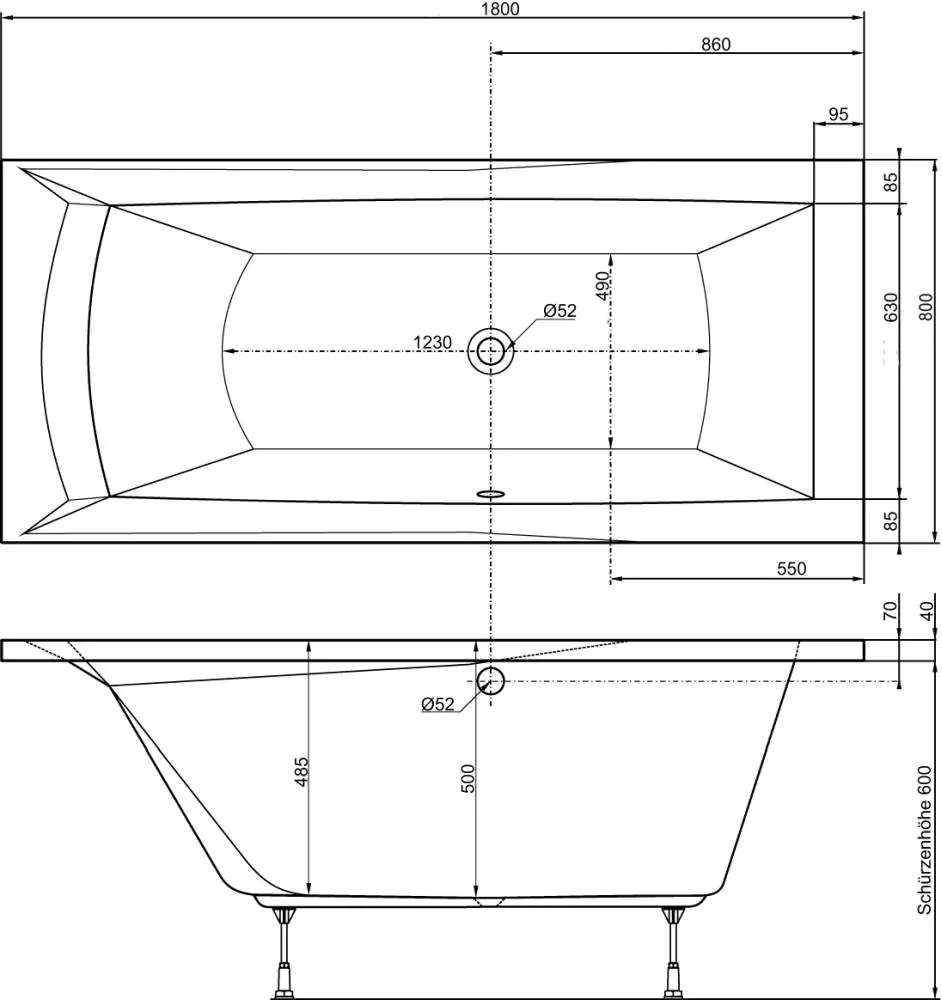 Ottofond Badewanne Porta 180 x 80 cm, weiß