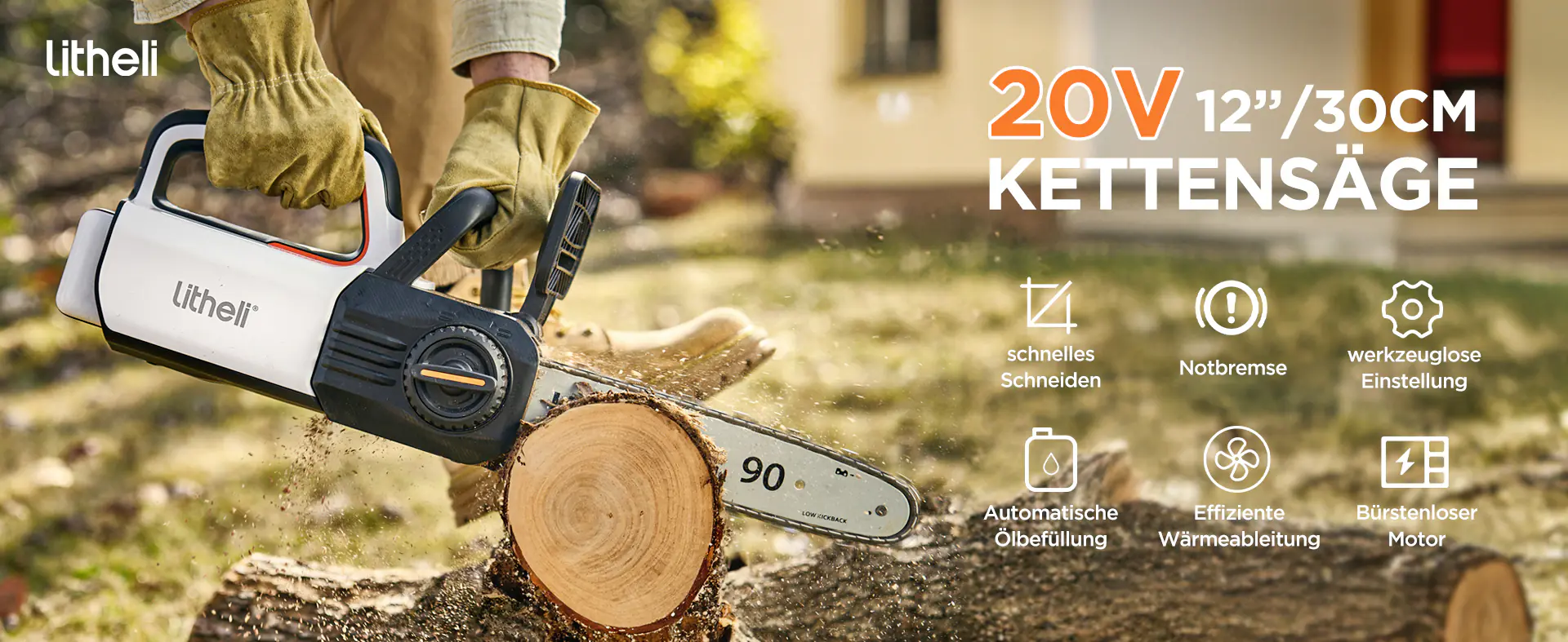 Litheli Akku-Kettensäge 20, 20 V, 2 Ah, Li-Ionen, 2 Akkus, Schwertlänge: 30 cm Litheli Akku-Kettensäge 20, 20 V, 2 Ah, Li-Ionen, 2 Akkus, Schwertlänge: 30 cm