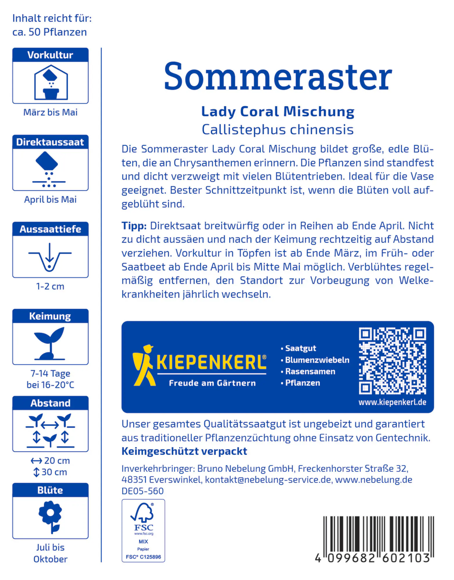 Kiepenkerl Profi-Line Blumensamen Sommeraster Lady Carol Mischung für ca. 50 Pflanzen