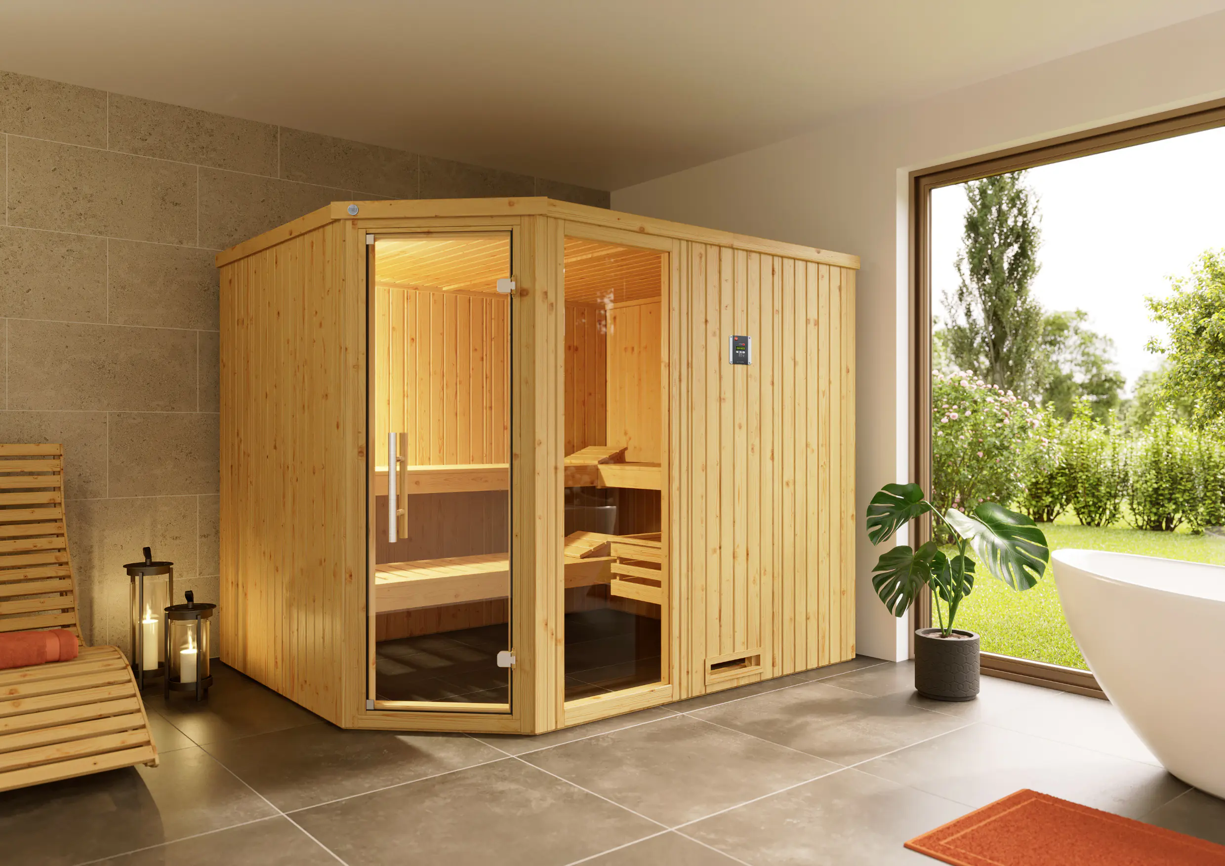 Weka Element-Ecksauna Varberg 4 GTF mit Glastür und Fenster