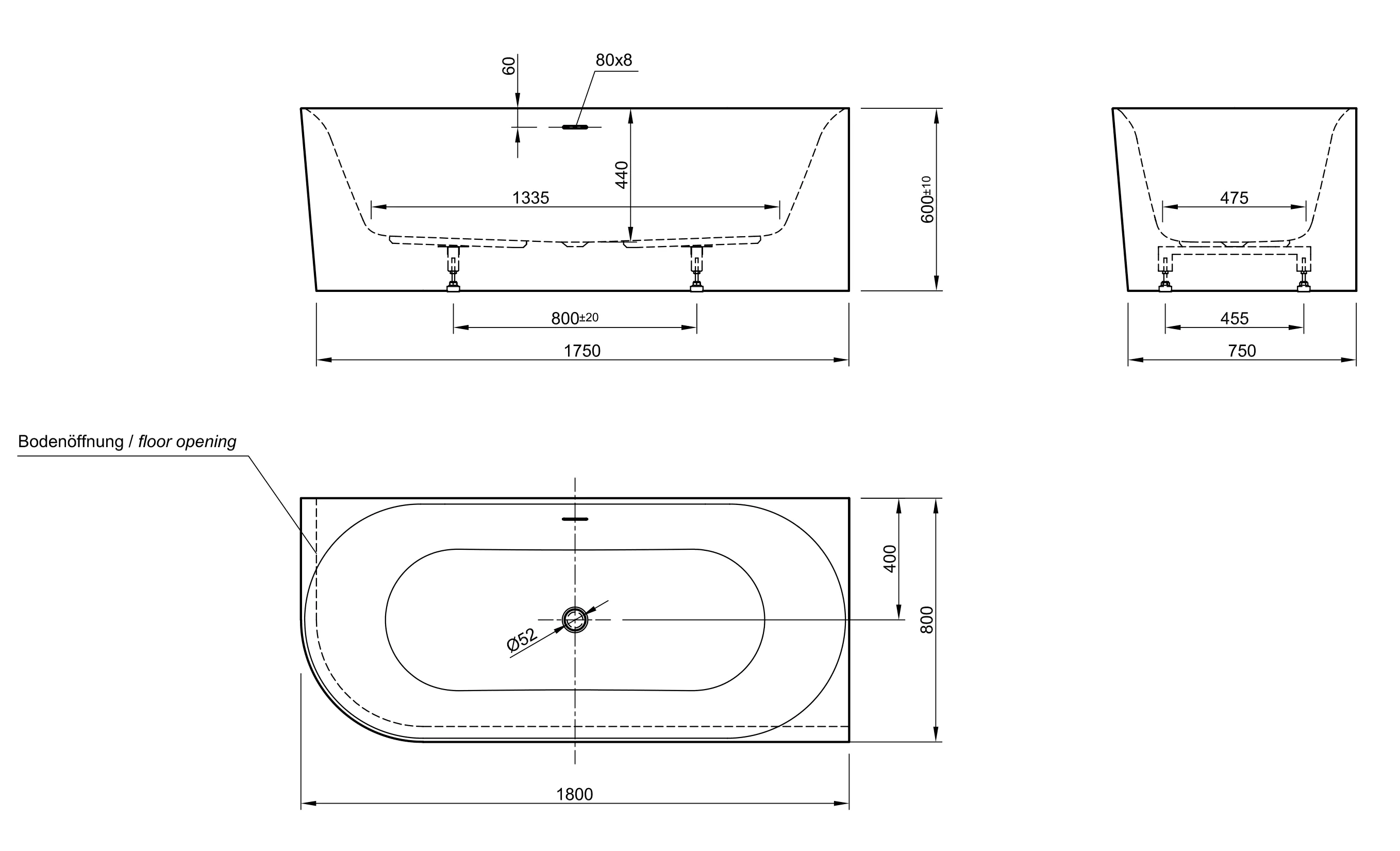 Ottofond Badewanne Mince Corner schwarz-weiß links 180 x 80 / 44 cm