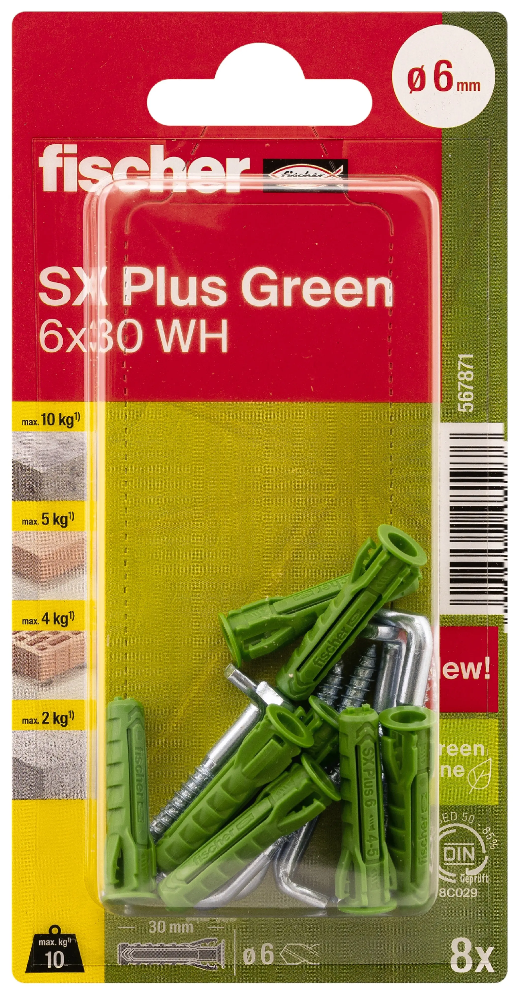 Fischer Spreizdübel mit Winkelhaken SX Plus Green 6.0 x 30 mm - 8 Stück