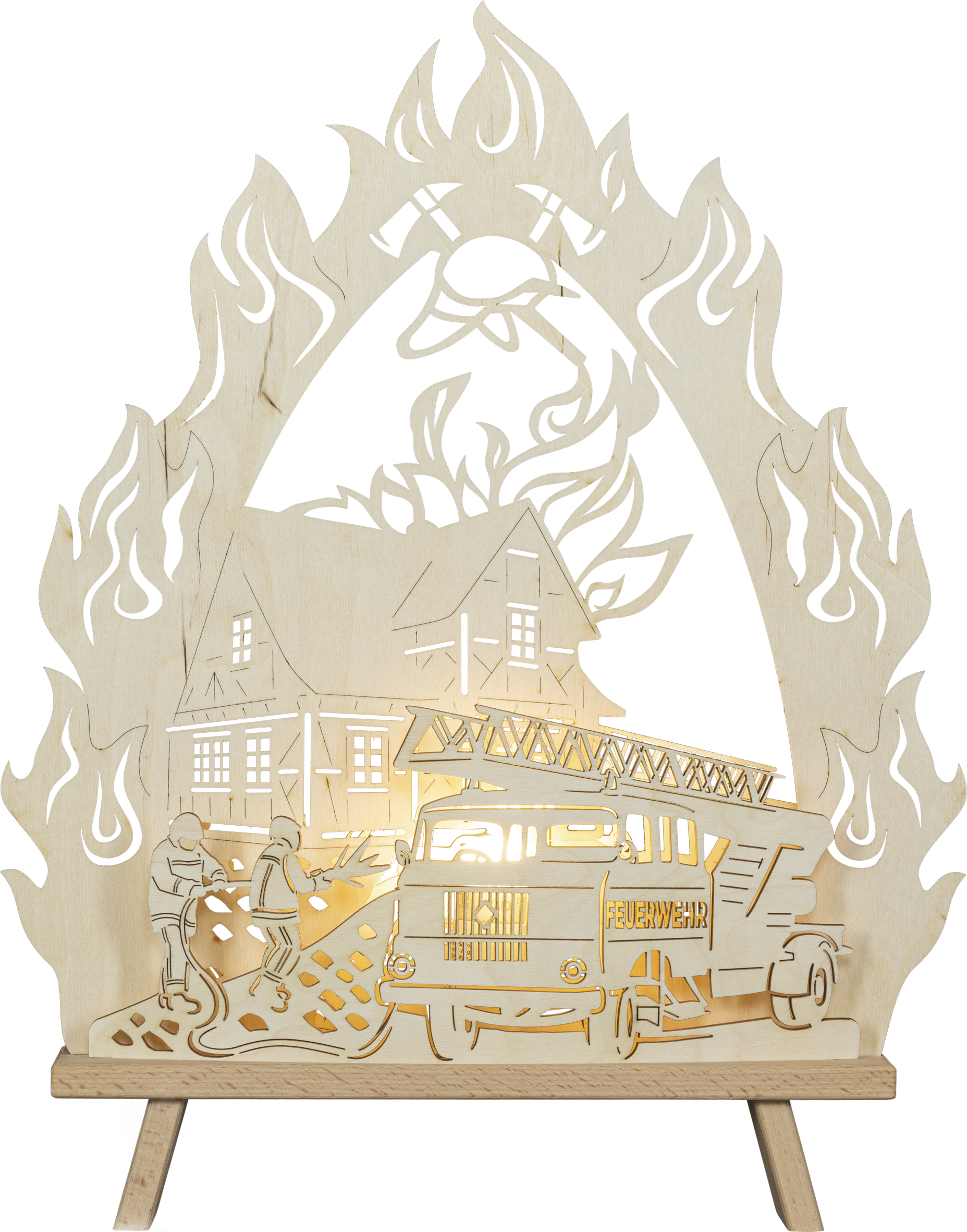Saico LED-Dekoleuchte Feuerwehr Holz 43 cm warmweiß natur