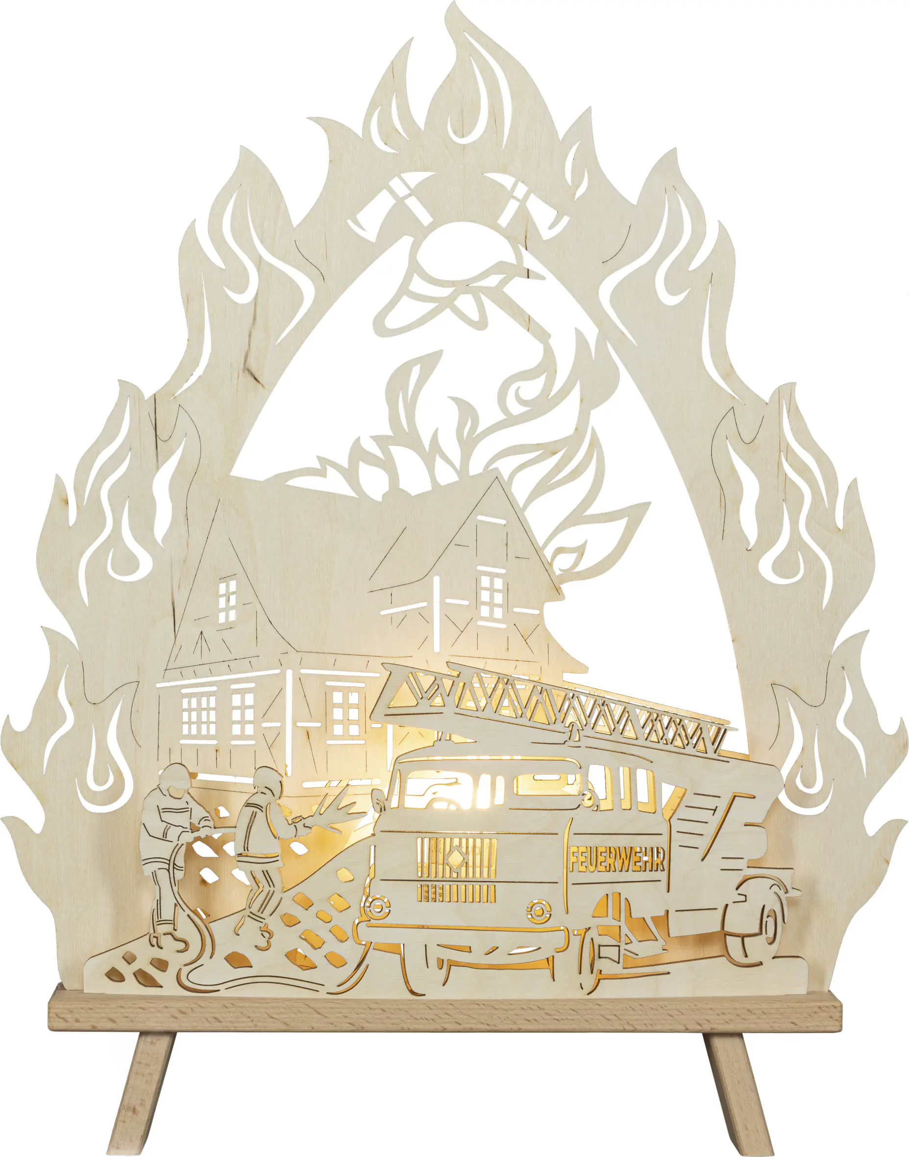 Saico LED-Dekoleuchte Feuerwehr Holz 43 cm warmweiß natur