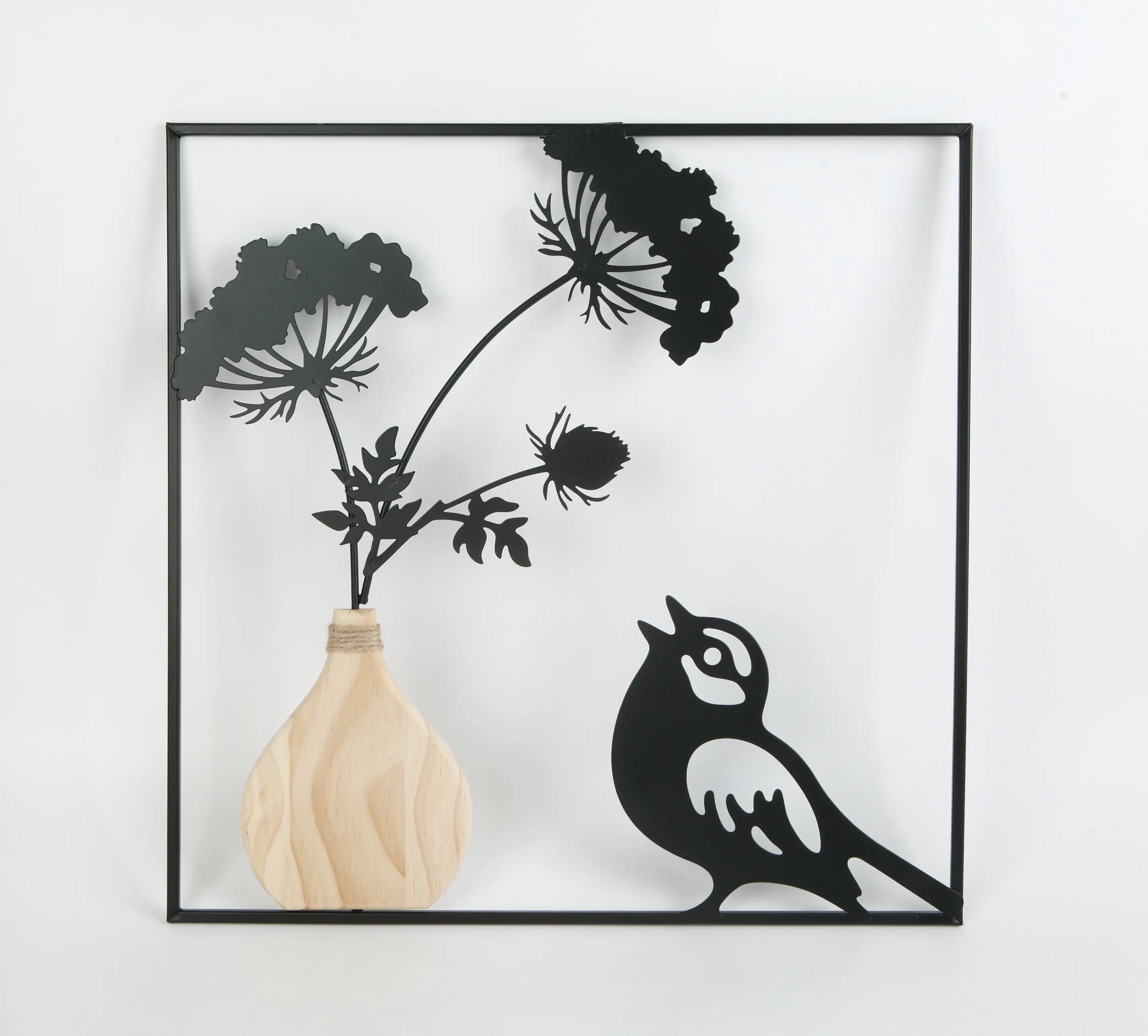 TrendLine Wandbild Metall Blumen mit Vogel 40 x 1 x 40 cm schwarz