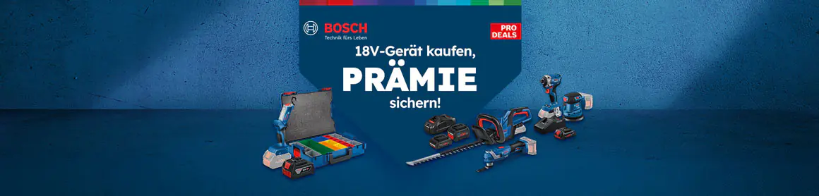 „BOSCH 18V-Gerät kaufen, PRÄMIE sichern!“ mit Bosch Professional Werkzeugen und Zubehör vor blauem Hintergrund.
