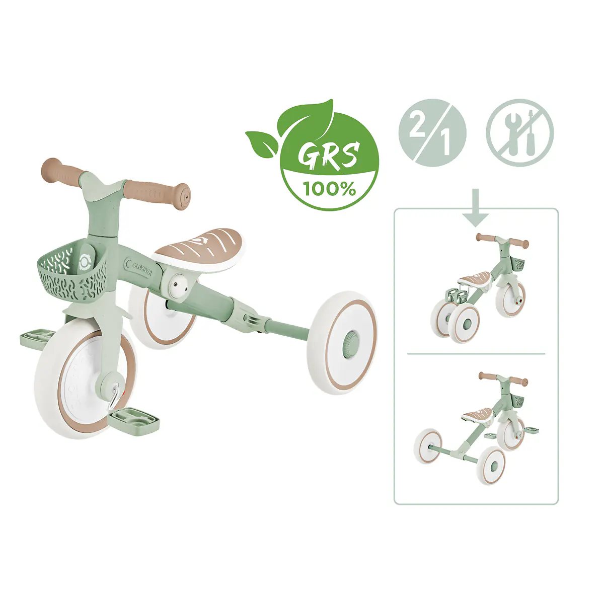 Globber Dreirad für Kinder Learning Trike 2-in-1 Plus Eco salbeigrün