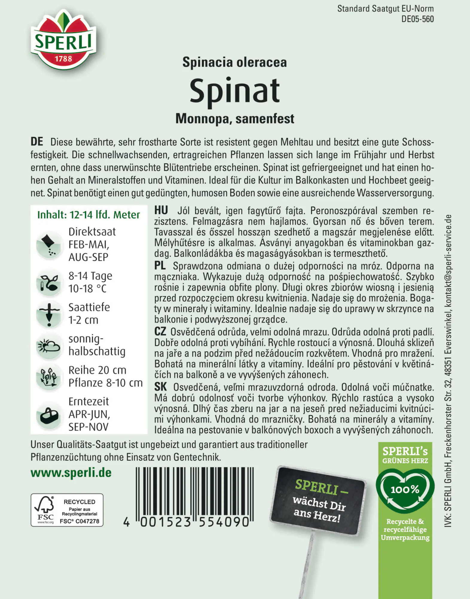 Sperli Saatgut Spinat Monnopa für bis zu 12-14 lfd. Meter