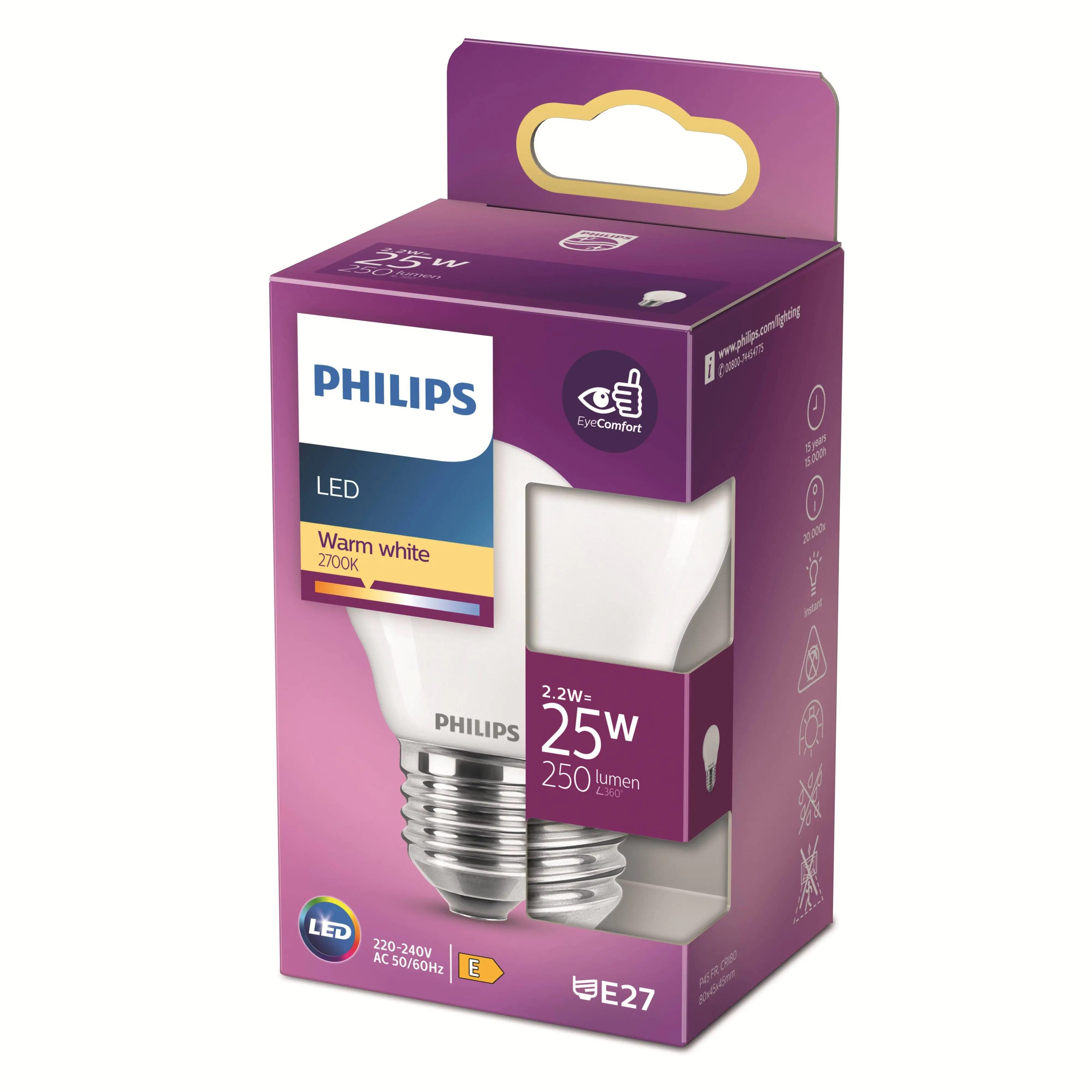 Philips LED-Leuchtmittel Filament Tropfenform P45 E27 2,2W warmweiß matt