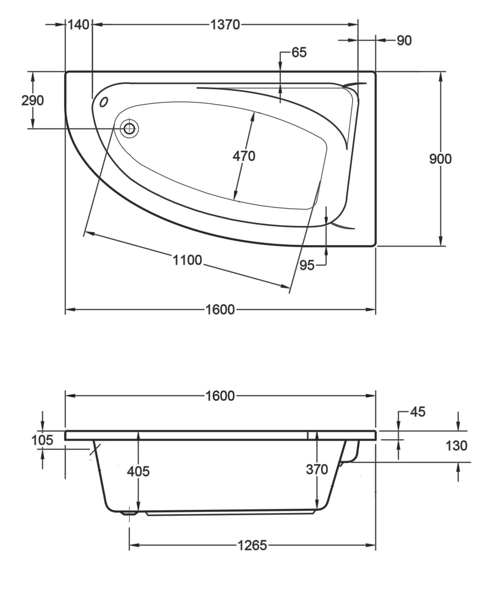 Ottofond Eckwanne Marina 160 x 90 cm, weiß, Modell A