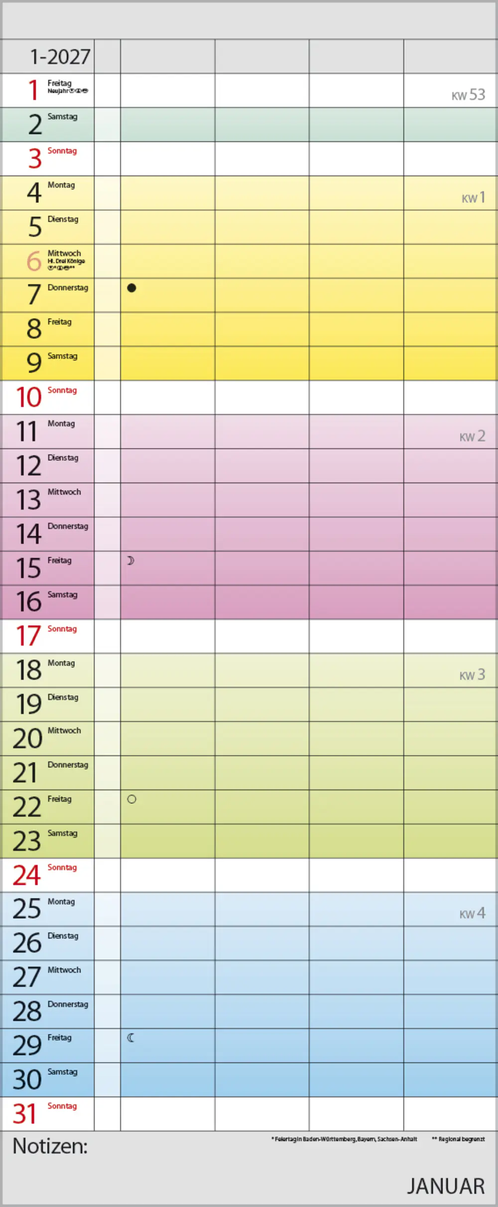 Korsch Kalender Familienplaner 2027 Farbenspiel 19 x 46 cm