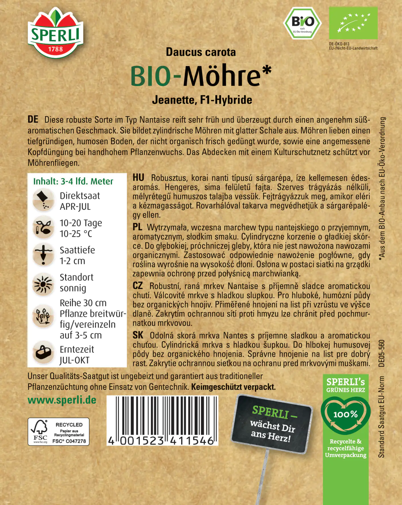 Sperli BIO Möhre Nantaise F1 Sperli BIO Möhre Nantaise F1