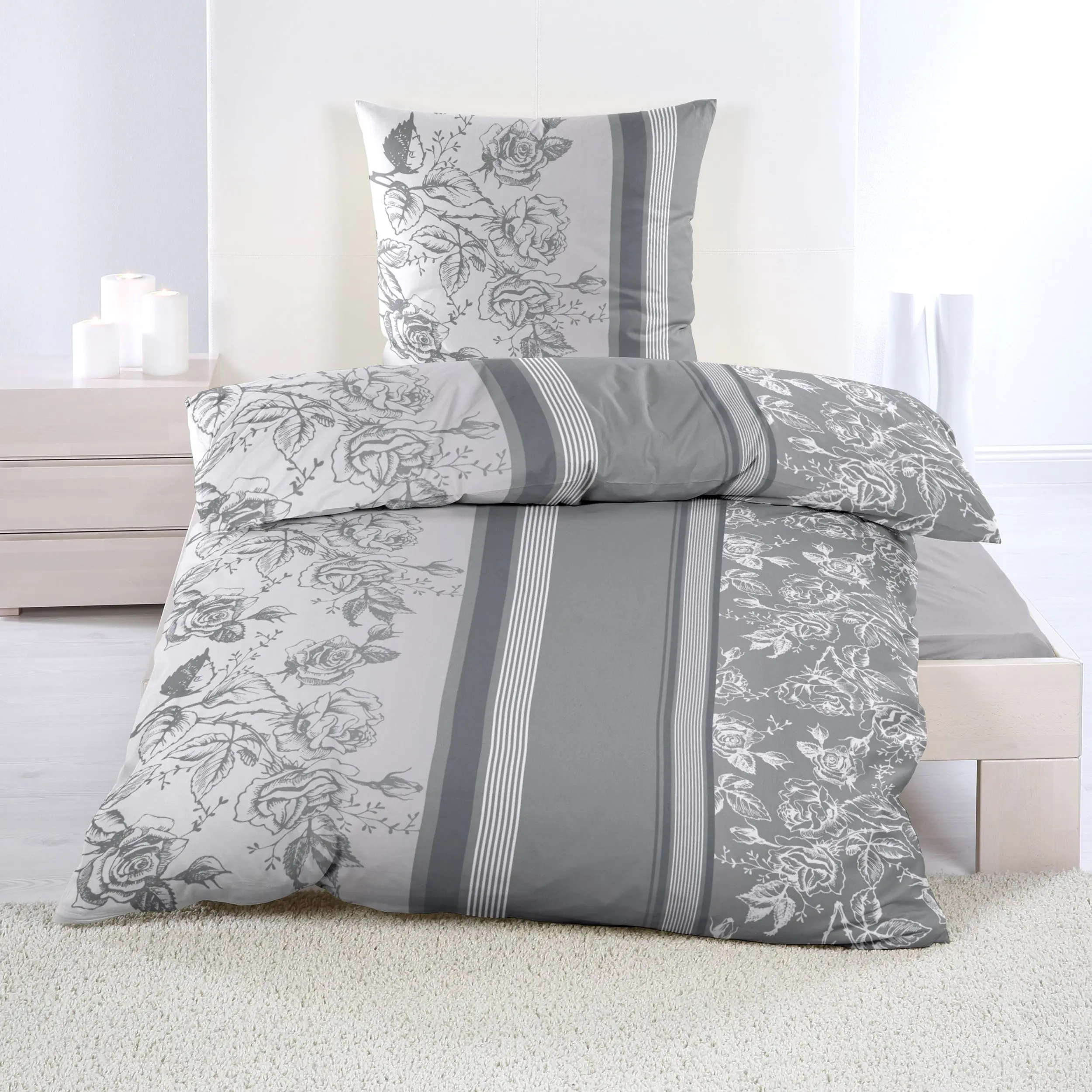 Casa Colori Biber-Bettwäsche mit Rosen grau/weiß 135 x 200 cm