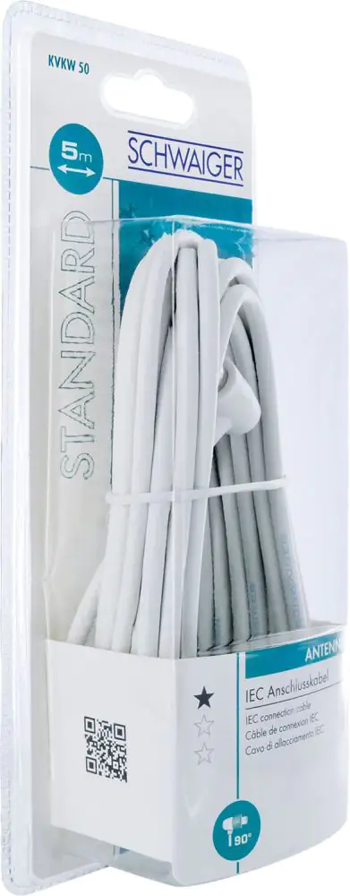Schwaiger Antennen Anschlusskabel KVKW50 532 (75dB) weiß, 5,0m, 90° gewinkelt, 1x IEC Stecker / 1x I Schwaiger Antennen Anschlusskabel KVKW50 532 (75dB) weiß, 5,0m, 90° gewinkelt, 1x IEC Stecker / 1x I