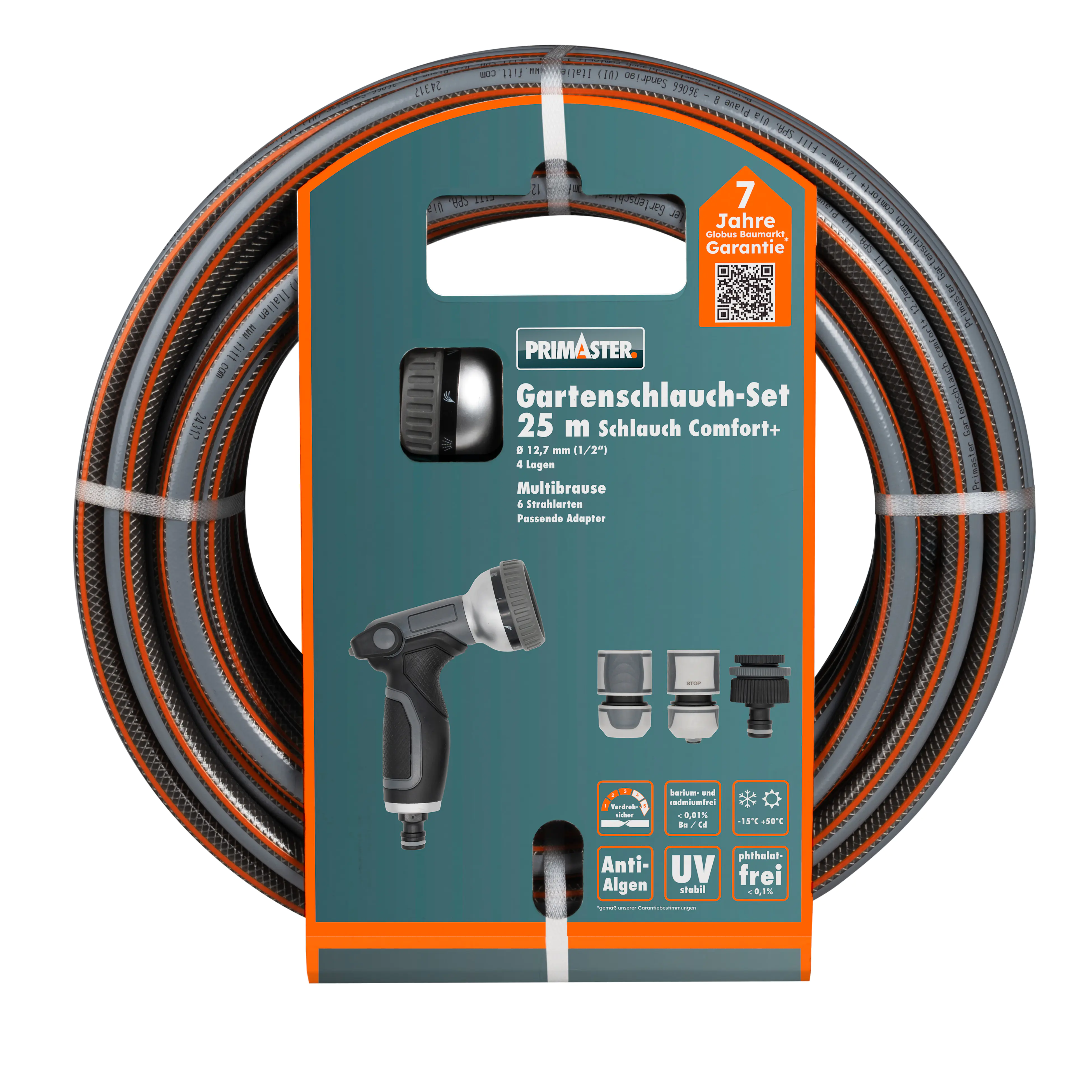 Primaster Gartenschlauch-Set Comfort+ mit Multibrause 25 m Ø 12,7 mm (1/2") Primaster Gartenschlauch-Set Comfort+ mit Multibrause 25 m Ø 12,7 mm (1/2")