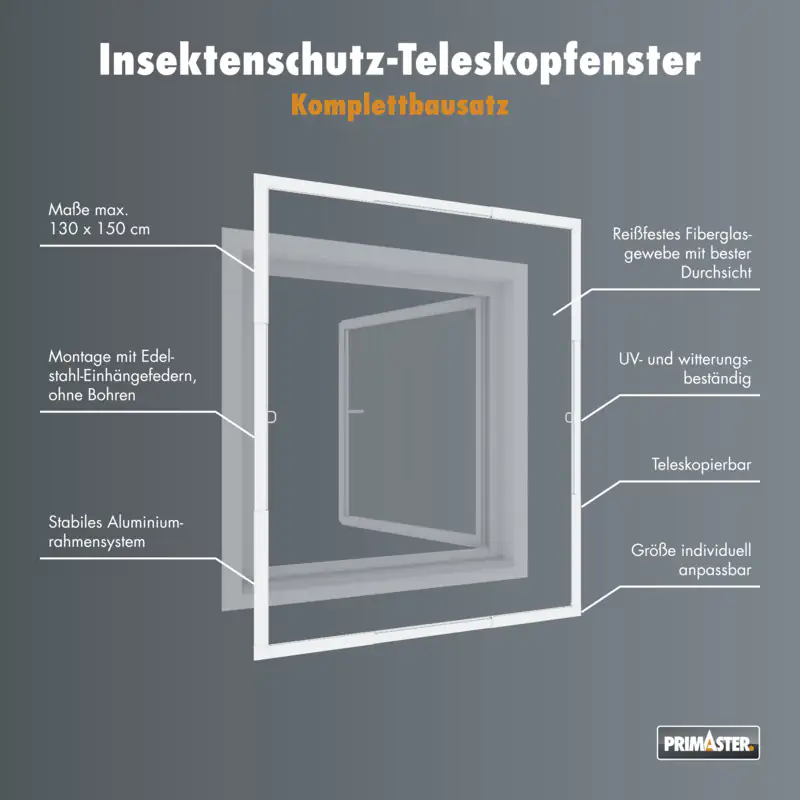 Primaster Fliegenschutz-Teleskopfenster 130 x 150 cm weiß/weiß kürzbar