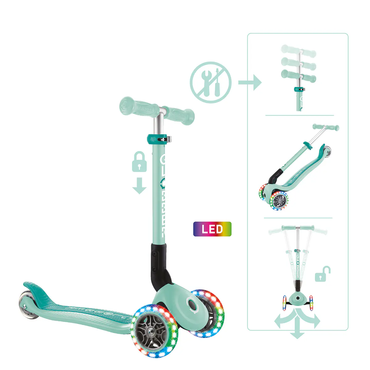 Globber Scooter für Kinder mit Leuchtrollen Junior Foldable Lights mint/blau