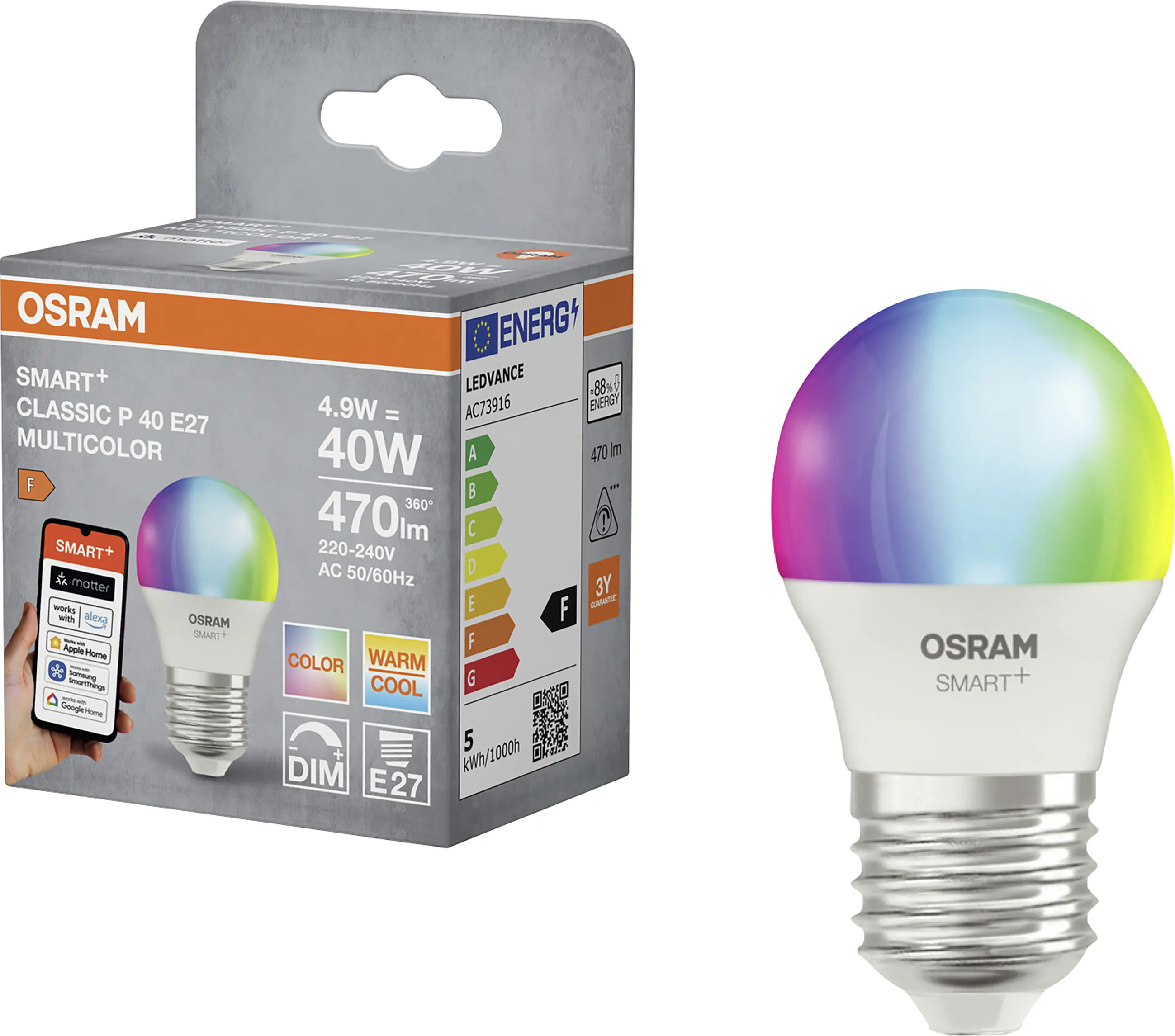 Osram SMART+ Matter Leuchtmittel E27 Classic 4.9W matt RGBW 