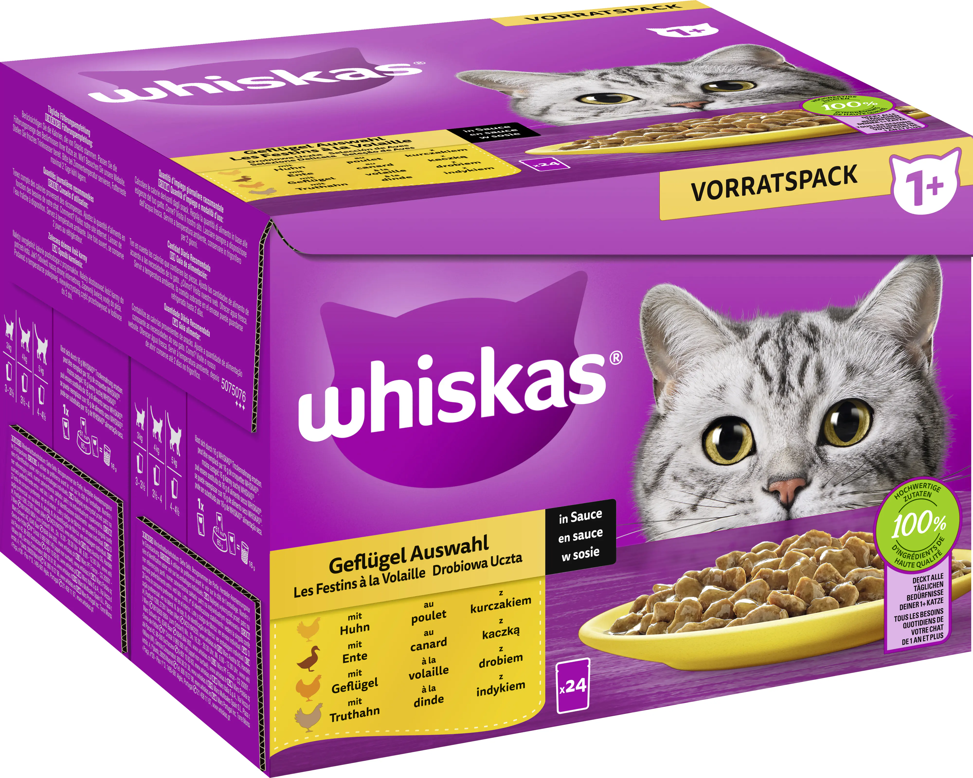 Whiskas Katzennassfutter Adult 24 x 85 g Geflügelauswahl in Sauce 