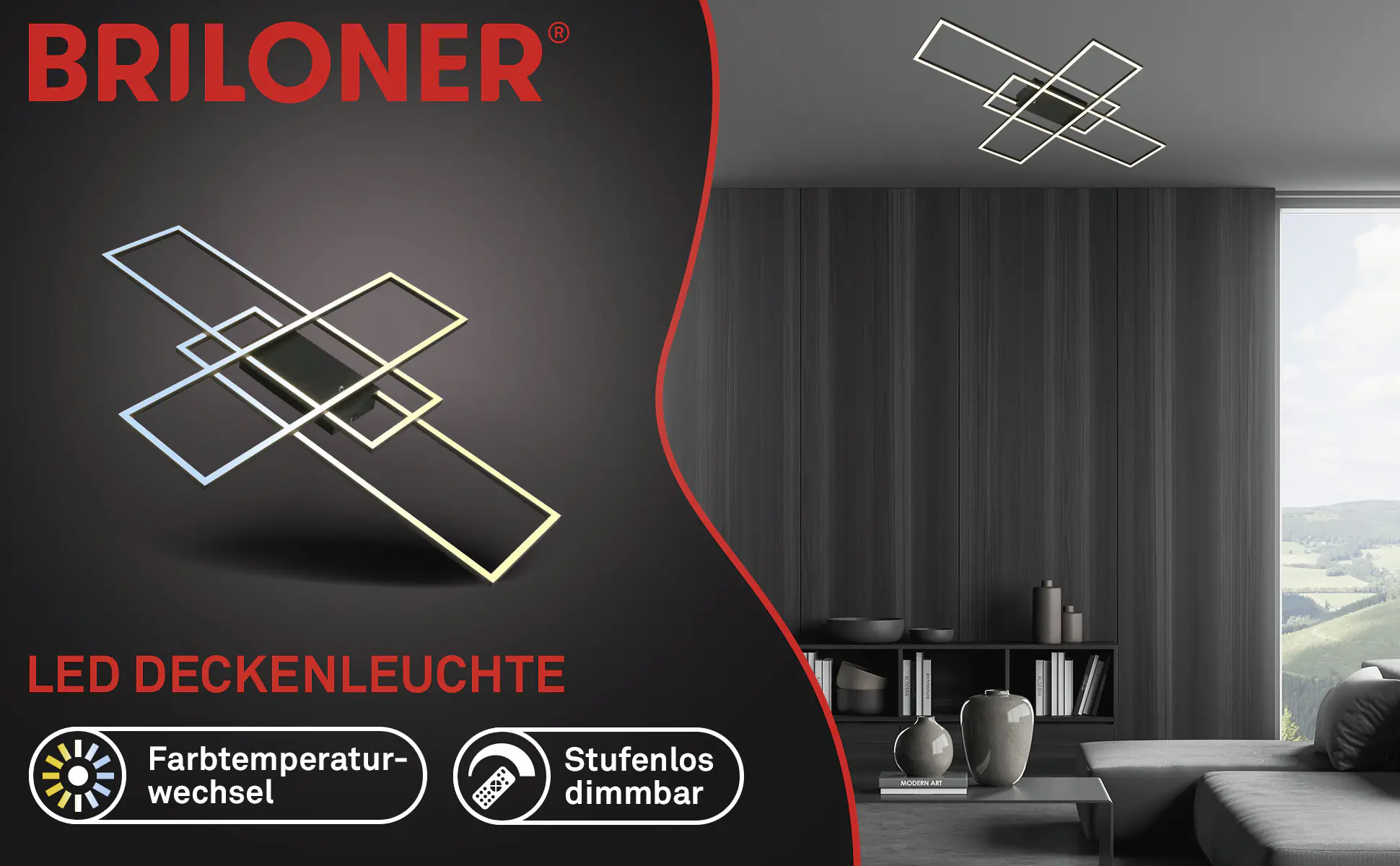 Briloner LED-Deckenleuchte Roami 104 x 71 cm schwarz CCT dimmbar