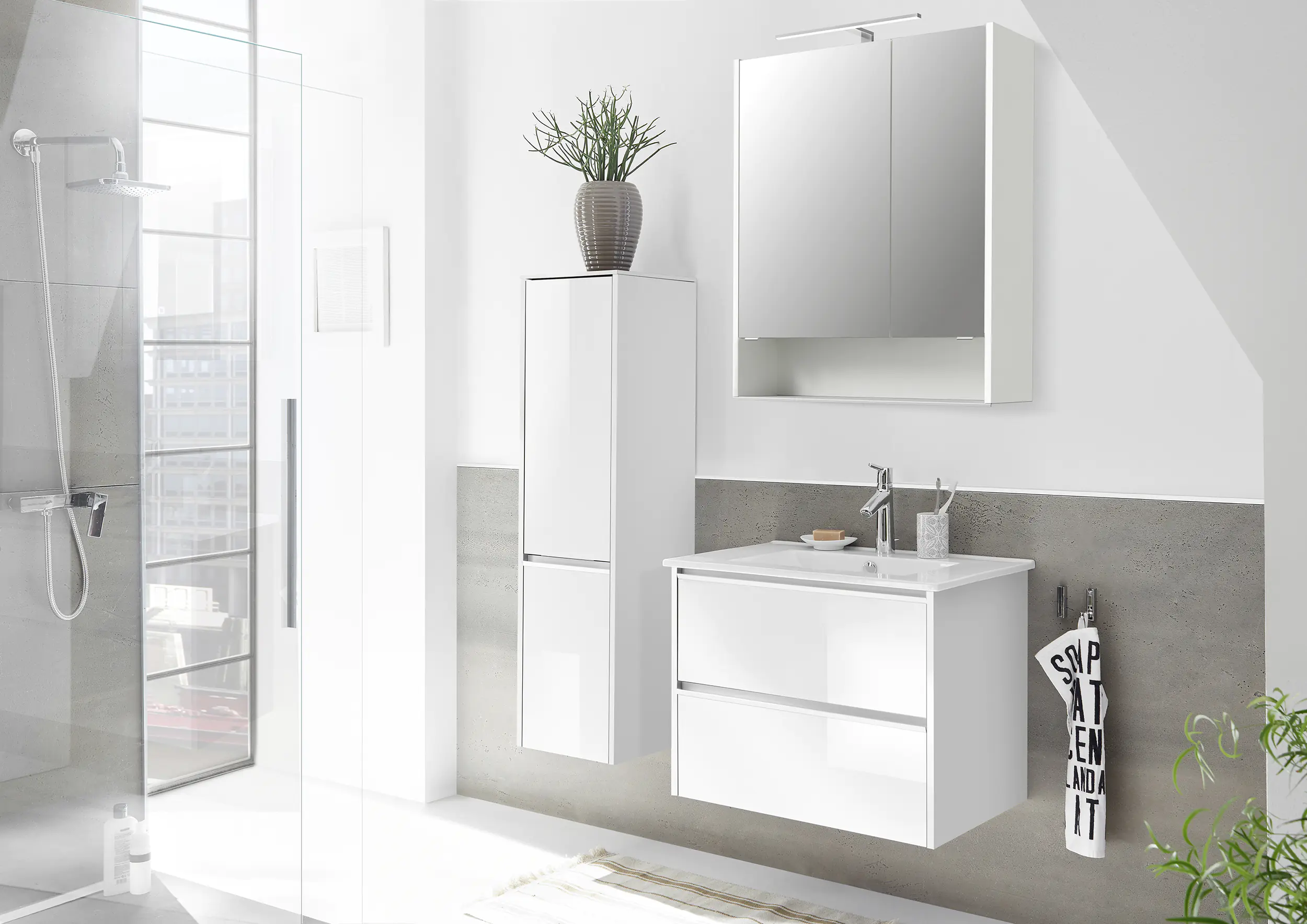 Pelipal Badmöbel-Set 6040 Schneeweiß Glanz/Weiß Glanz mit Keramik-Waschtisch + Midischrank 107 cm
