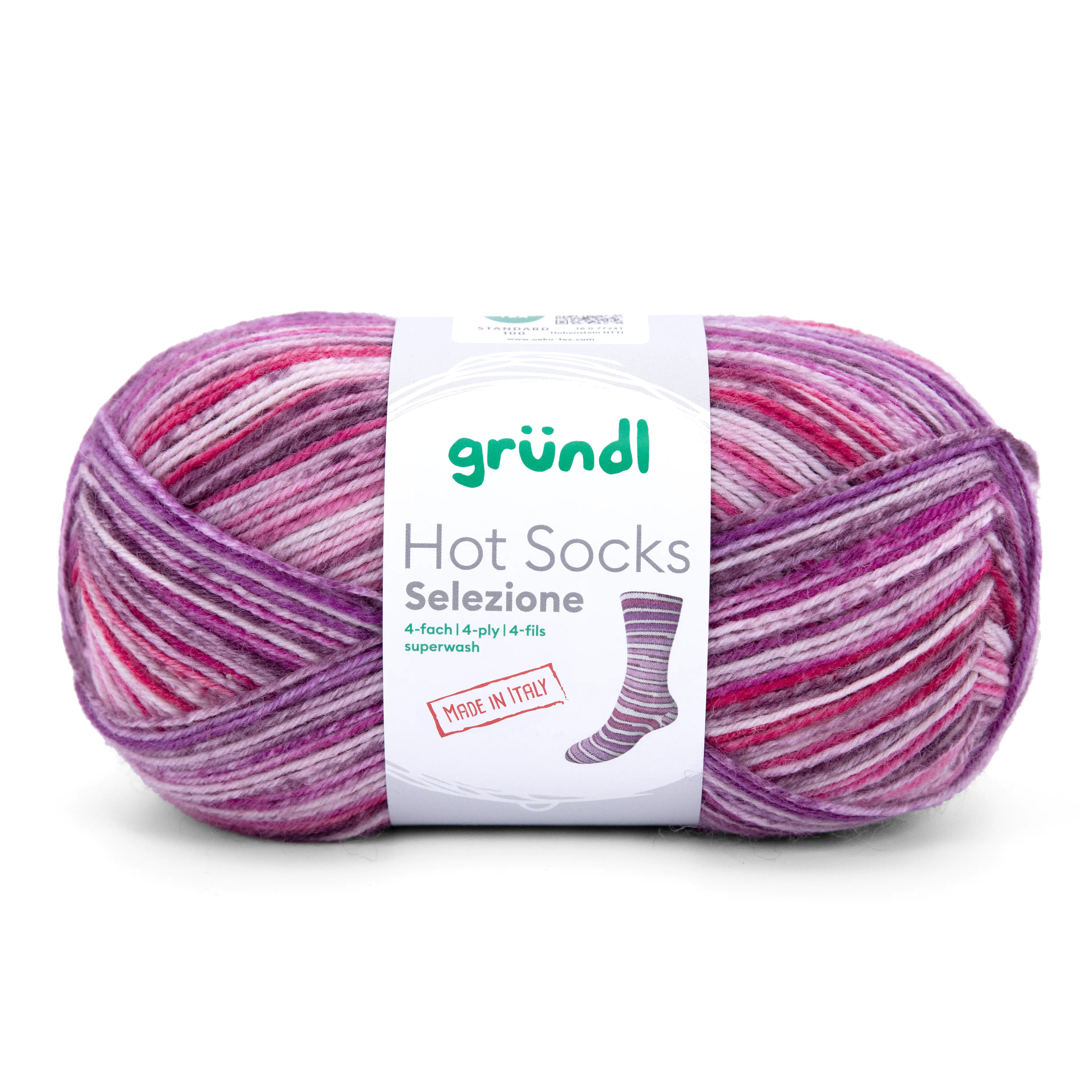 Gründl Sockenwolle Hot Socks 100 g 4-fach, feige-puderrosa-wassermelone-himbeerrot