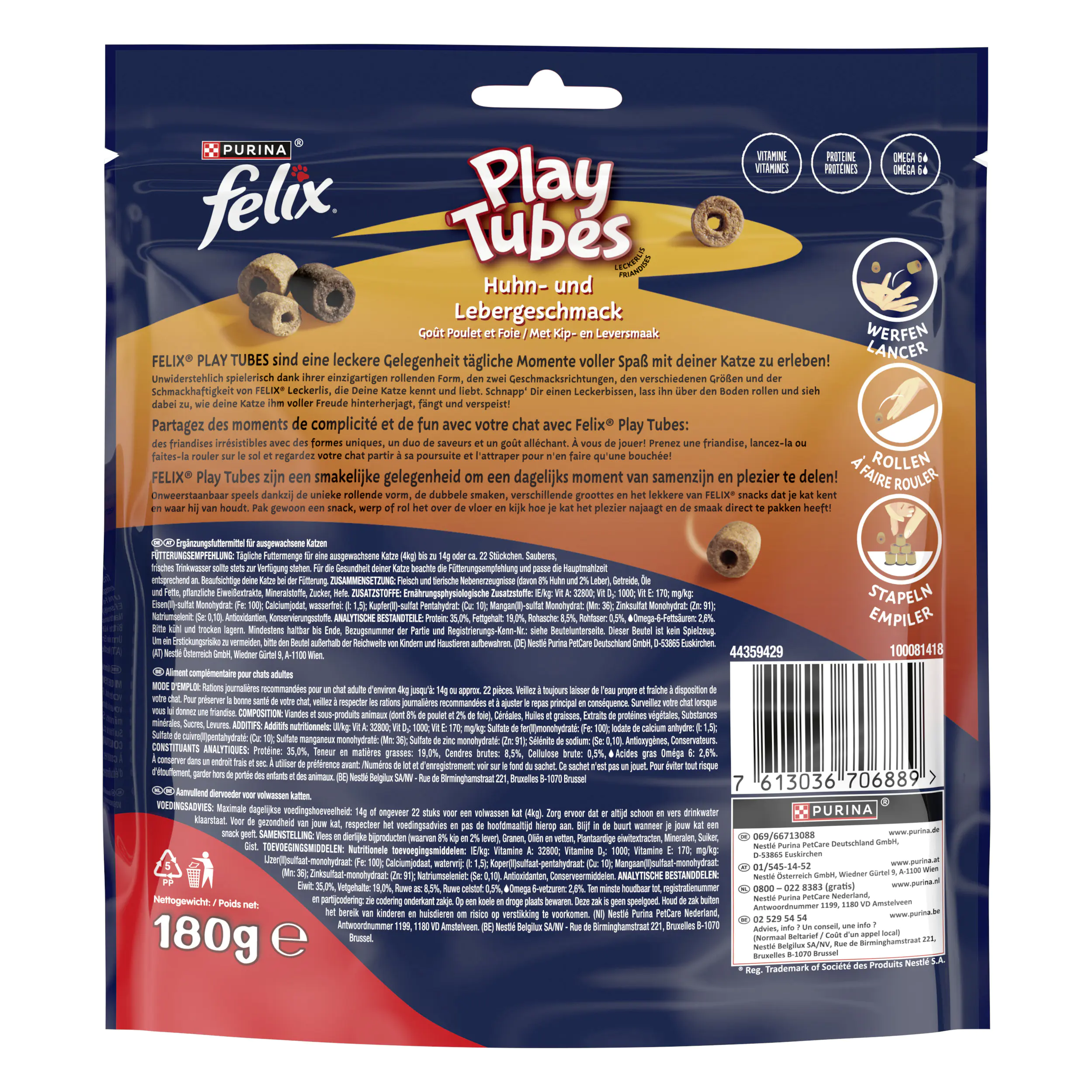 Felix Play Tubes Huhn Leber Katzensnacks 180g Felix Play Tubes Huhn Leber Katzensnacks 180g