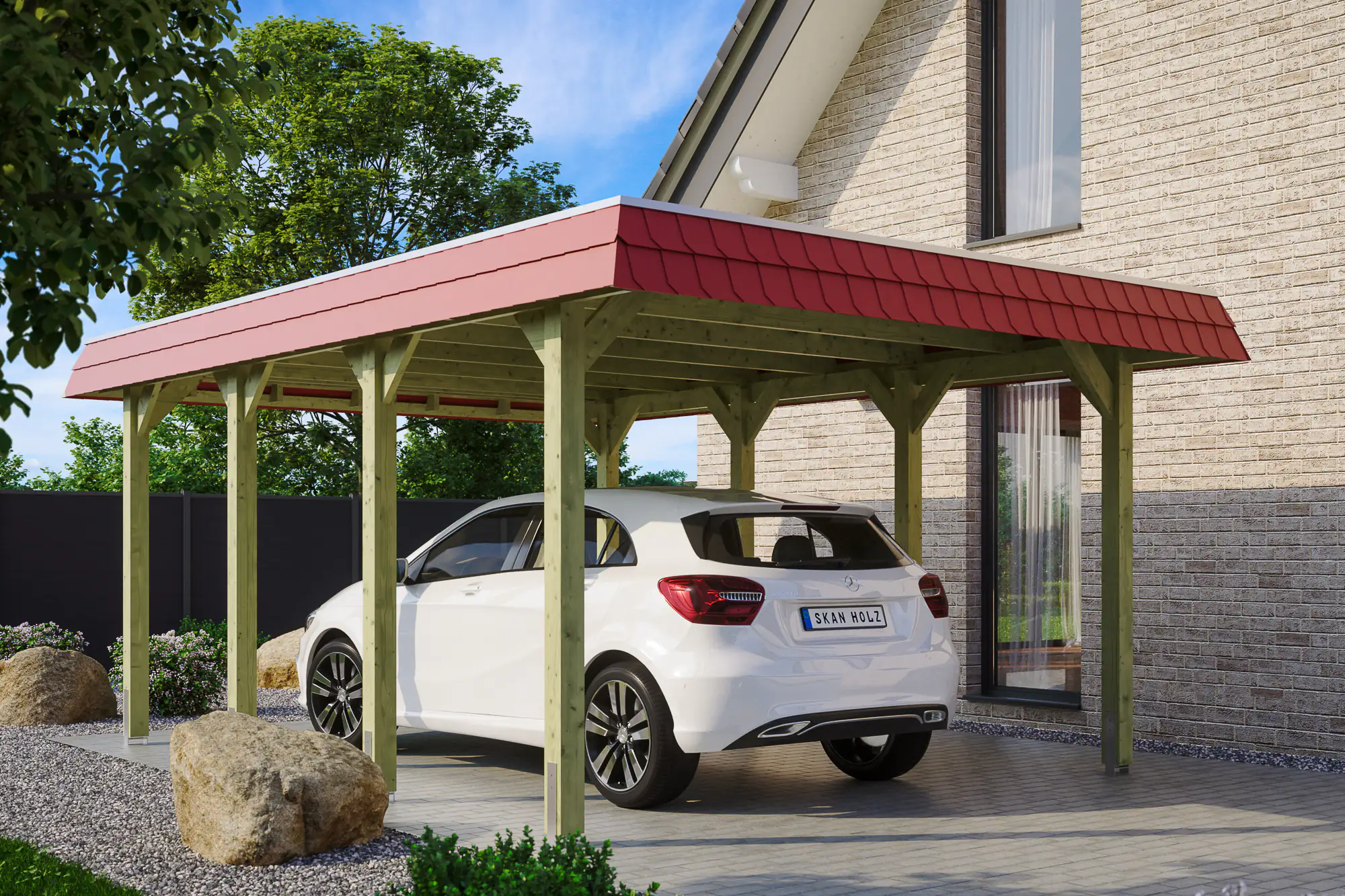 SKAN HOLZ Carport Spreewald 396 x 589 cm mit EPDM-Dach, rote Blende