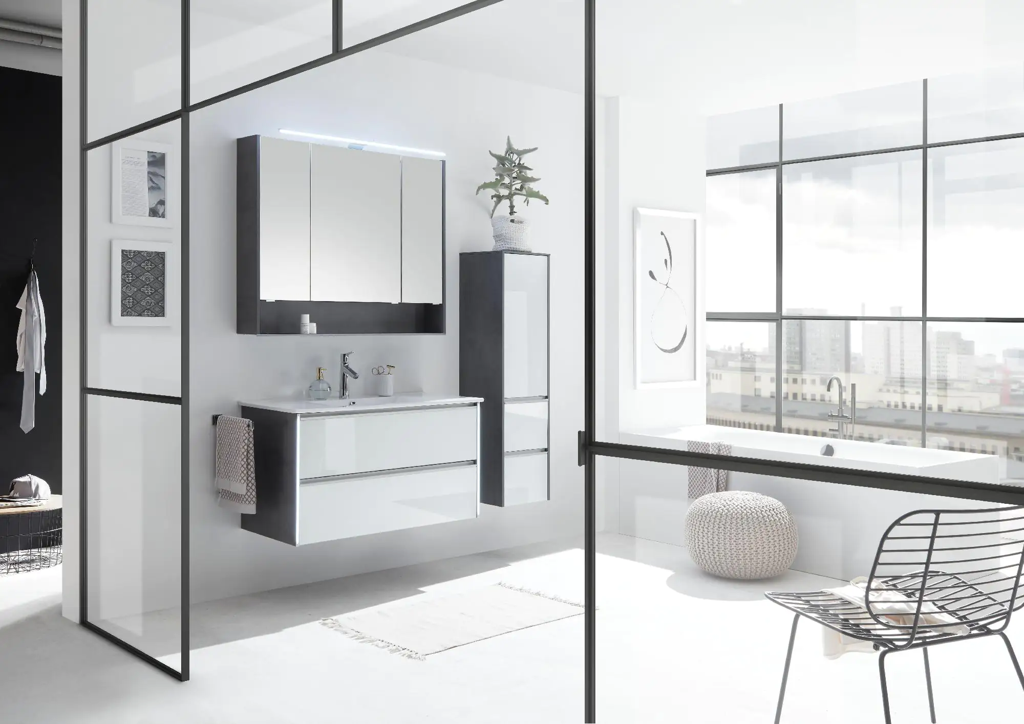 Pelipal Badmöbel-Set 6040 Gals Weiß/Oxid Dunkelgrau mit Keramik-Waschtisch + Midischrank 134 cm