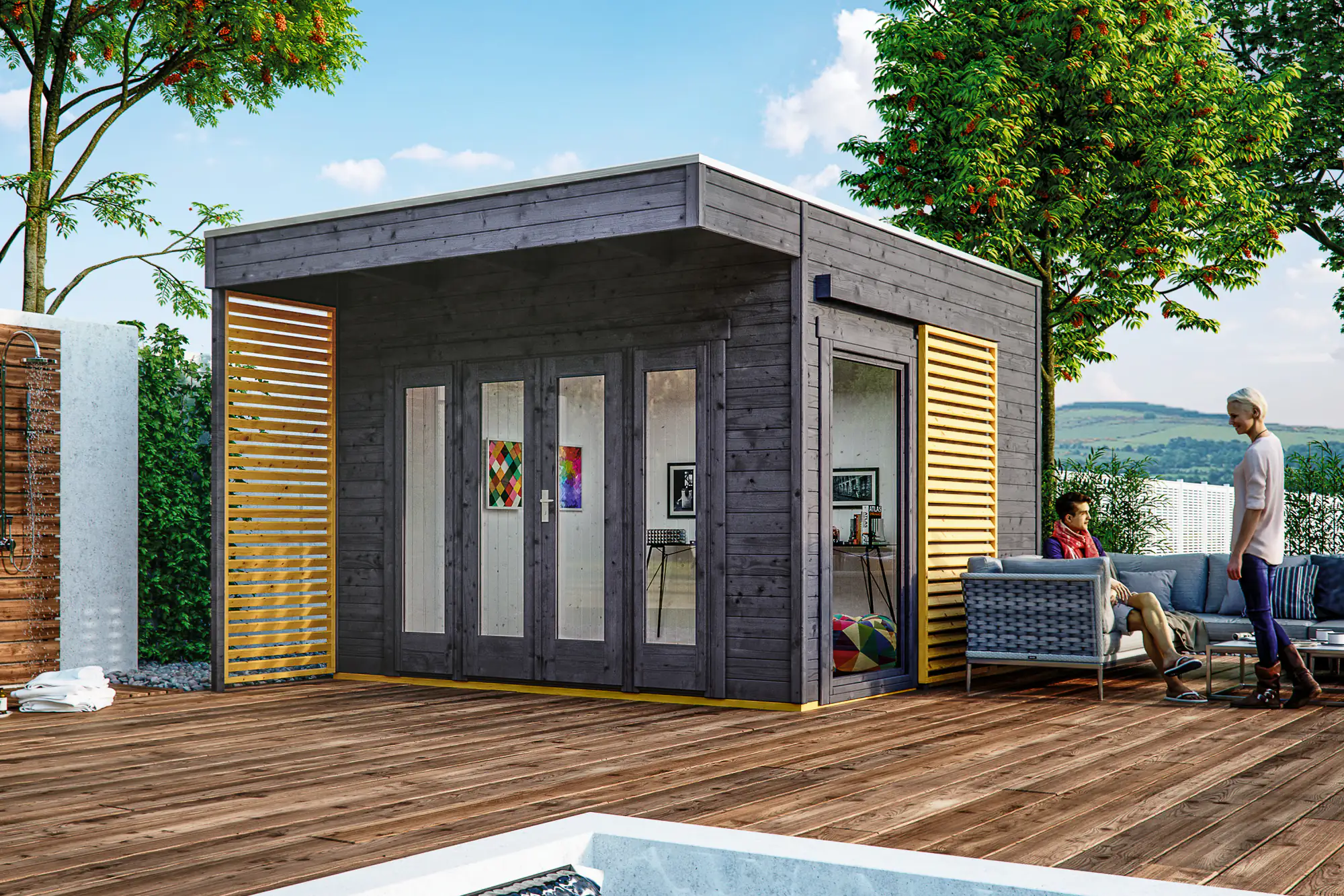 SKAN HOLZ Gartenhaus Tokio 2 340 x 340 cm schiefergrau mit Fußboden, doppelschalig