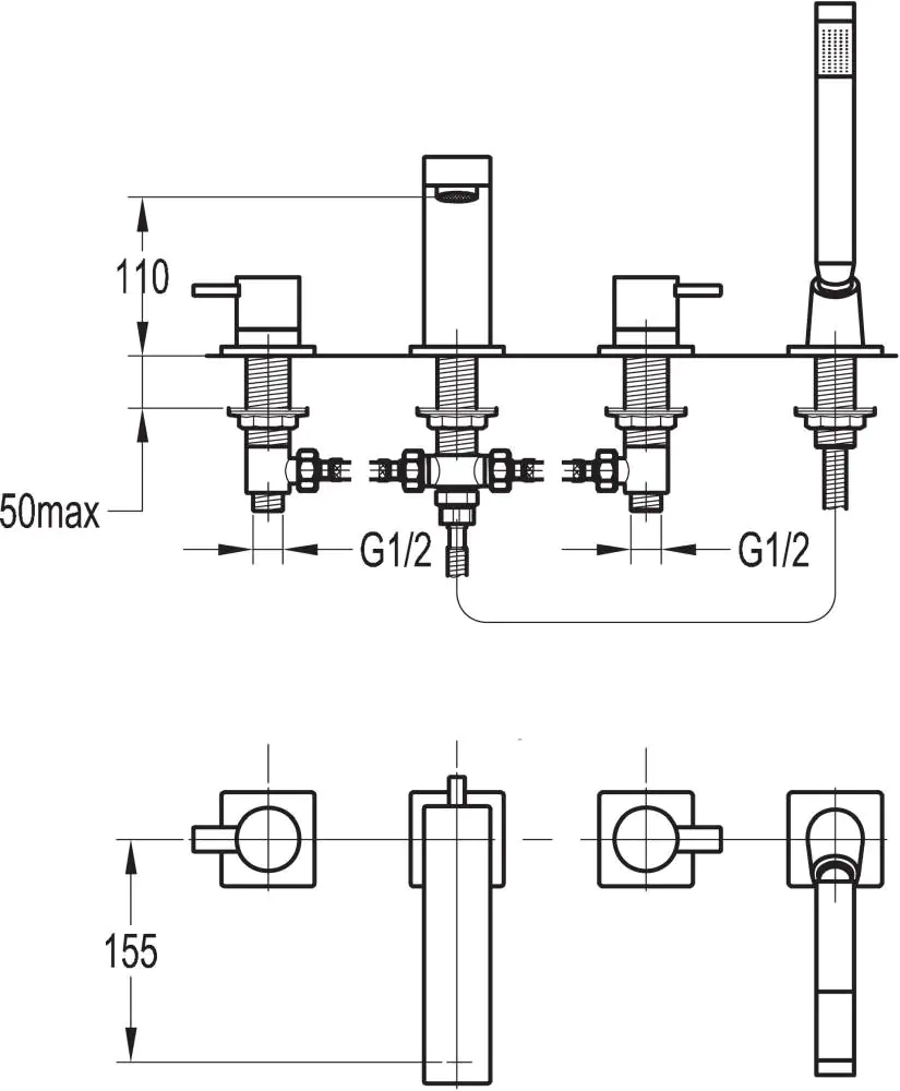 Ottofond Wannenrandarmatur 4-Loch eckig, mit Stabhandbrause